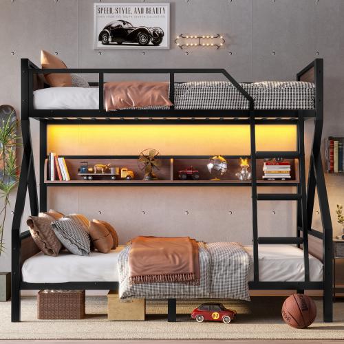 Bellemave  Bunk Bed with Storage Shelves & LED Lights, Metal Frame, Guardrails, Stairs, Headboards, Space-saving & Noise-free Design, Black