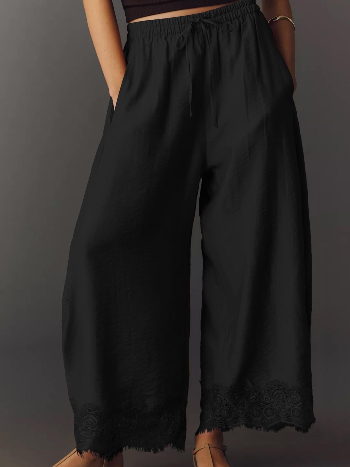 Women's Casual Pocket Elastic Waist Long Pants, Lace Patchwork Bottoms, Asymmetrical Hem, Summer Loose Wide-Leg Pants, Womenswear