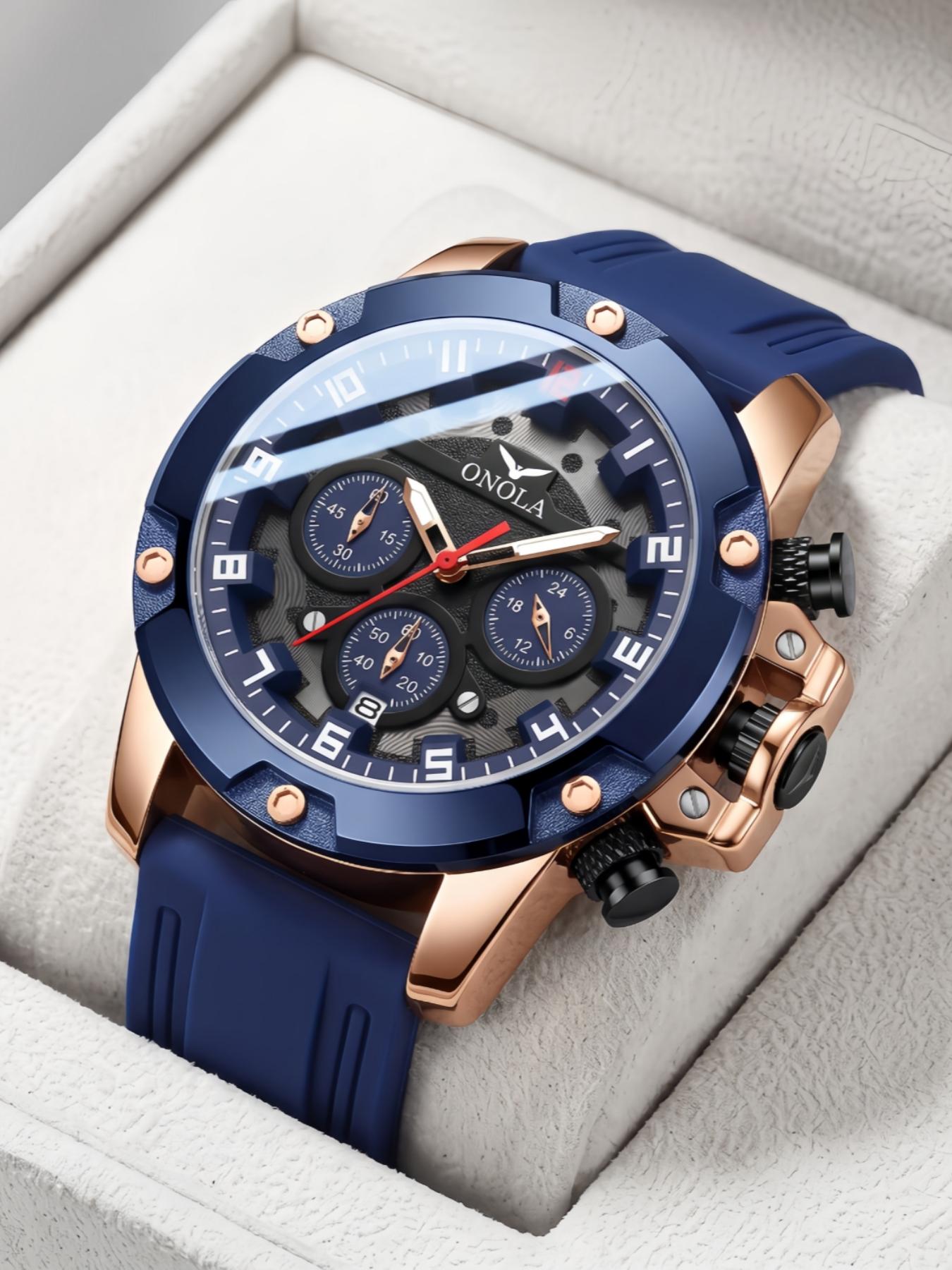 ONOLA Men Quartz Watch Round Triple Dial Chronograph Wrist Watches, Fashionable and Trendy Business Watch, Luminous Sports Watches, Metal Case with Silicone 30-Meter Water-Resistant Watch, Outdoor Casual Men's Watch, Perfect for Holiday Gifts