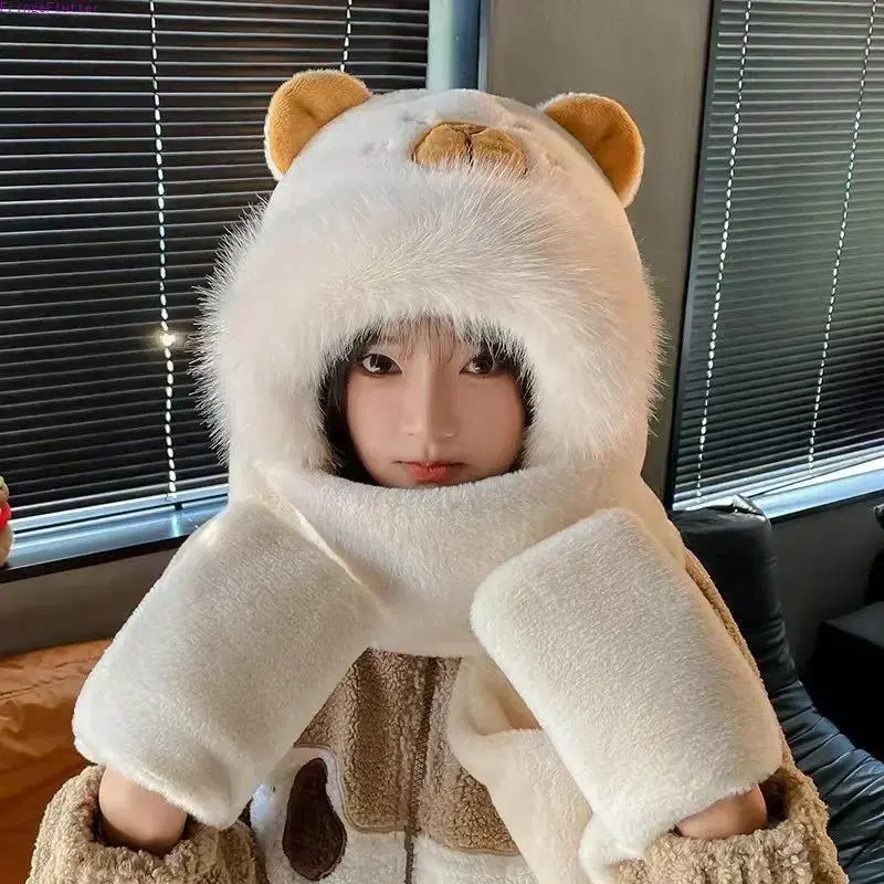 3-in-1 Cute Bear Ear Plush Hooded Scarf with Mittens Gloves Women Winter Warm Fluffy Faux Fur Hat Scarf Gloves Combo Kawaii Balaclava Beanie Cream White