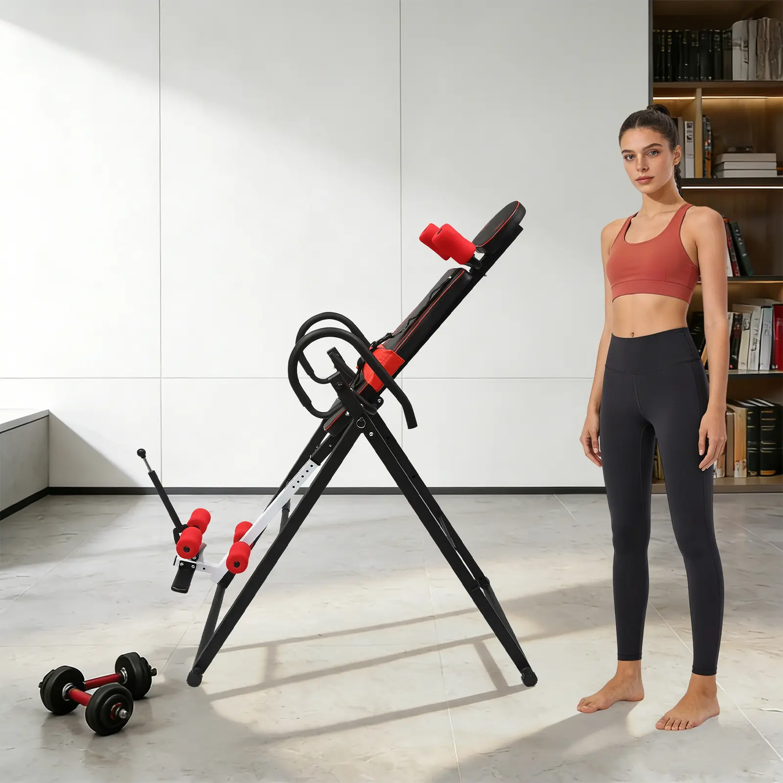 Inversion Table Back Stretcher Machine Black Red Adjustable Gravity Teeter for Back Pain Relief Home Gym Fitness Equipment 4.27-6.07ft