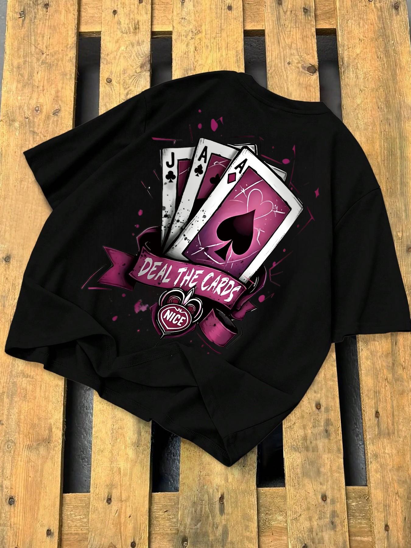 Gothic Dark Style American Street Short Sleeve T-Shirt, Poker Print Graphic Tee, Casual Fitted Top Without Zipper and Collar