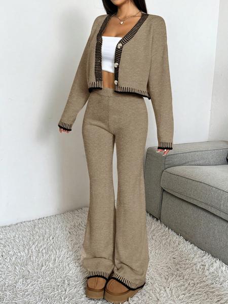 Women's V-Neck Colorblock Sweater Set, Casual Loose-Fit Crop Top & High-Waist Wide Leg Pants, Fall Winter Knitted Set, Womenswear