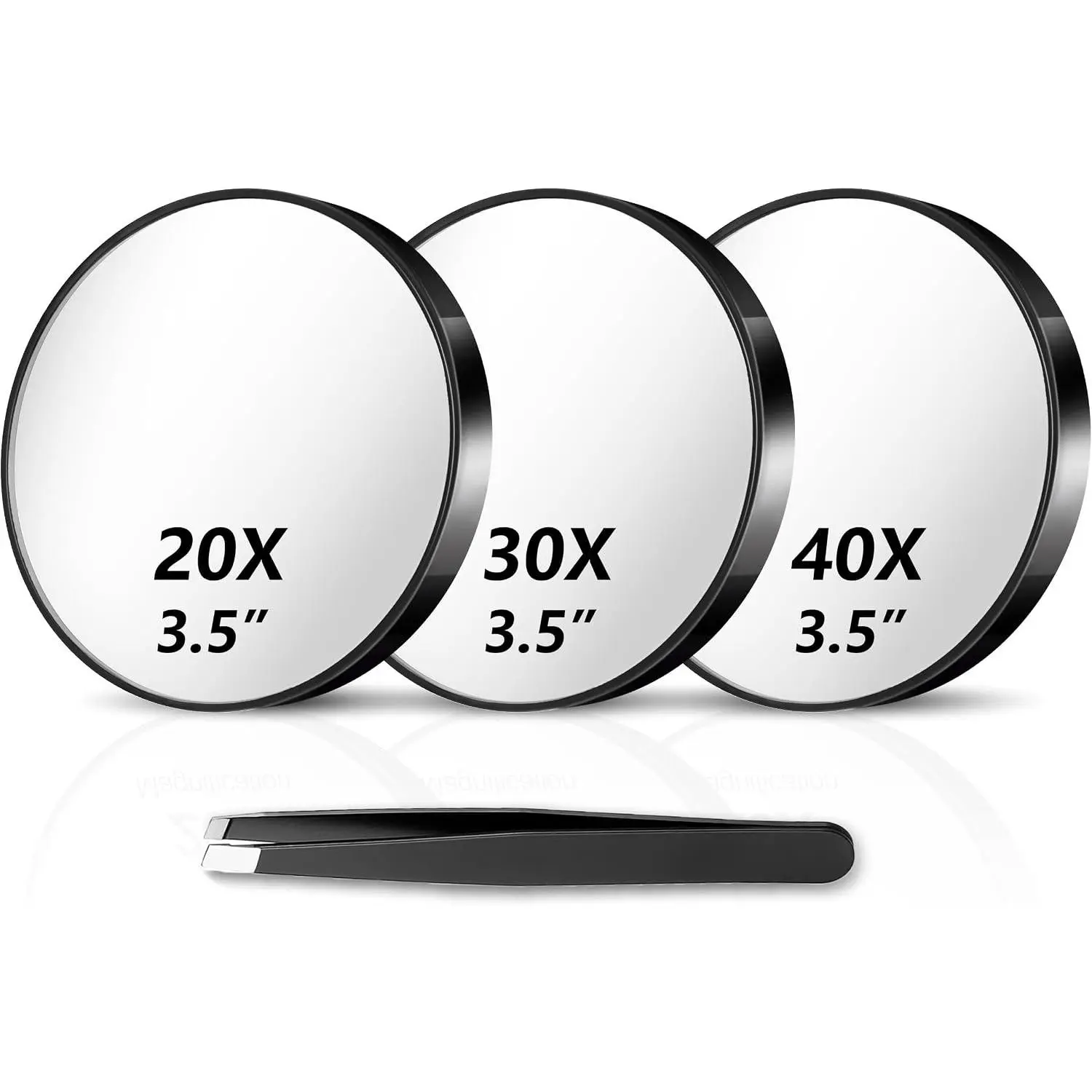 Magnifying Mirror 20X&30X&40X 3Packs with Tweezer and Suction Cups Set, 3.5 Inches Compact Travel Magnified Mirror-Black