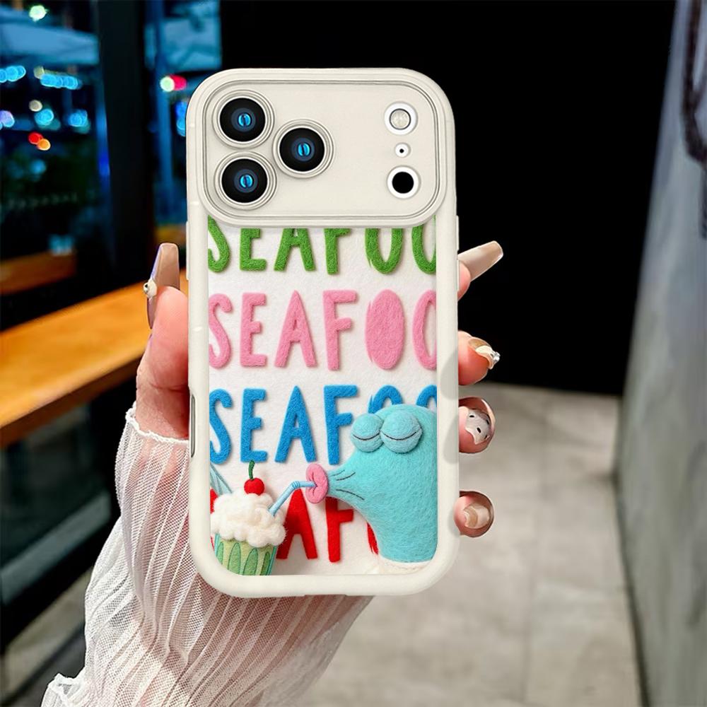 SpongeBob SquarePants Squidward SEAFOOD Funny Felt Art Phone Case For iPhone 17 16 15 14 13 12 11 Pro Max Plus X XR XS Air Cute Colorful 3D Felt Style Cartoon Character Shockproof Soft TPU Bumper Cover