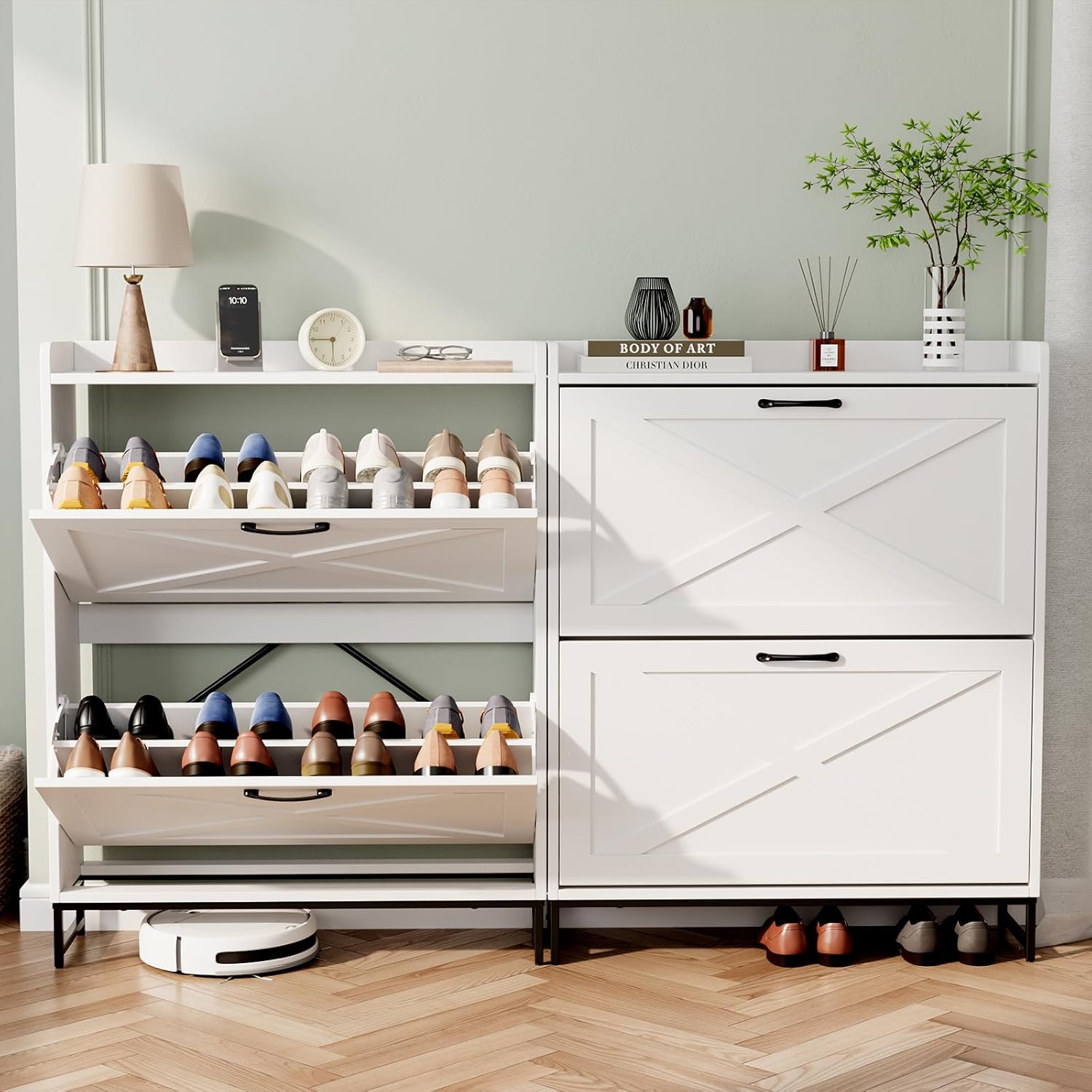 VOWNER Farmhouse Shoe Storage Cabinet with 2 Flip Drawers, Freestanding Organizer with Metal Legs for Entryway, Narrow Shoe Rack Cabinet