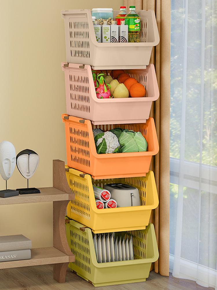 Thick Plastic Kitchen Floor Basket with Wheels, Multi-Layer Dustproof Stackable Vegetable Basket, Home Snacks Toys Storage Rack