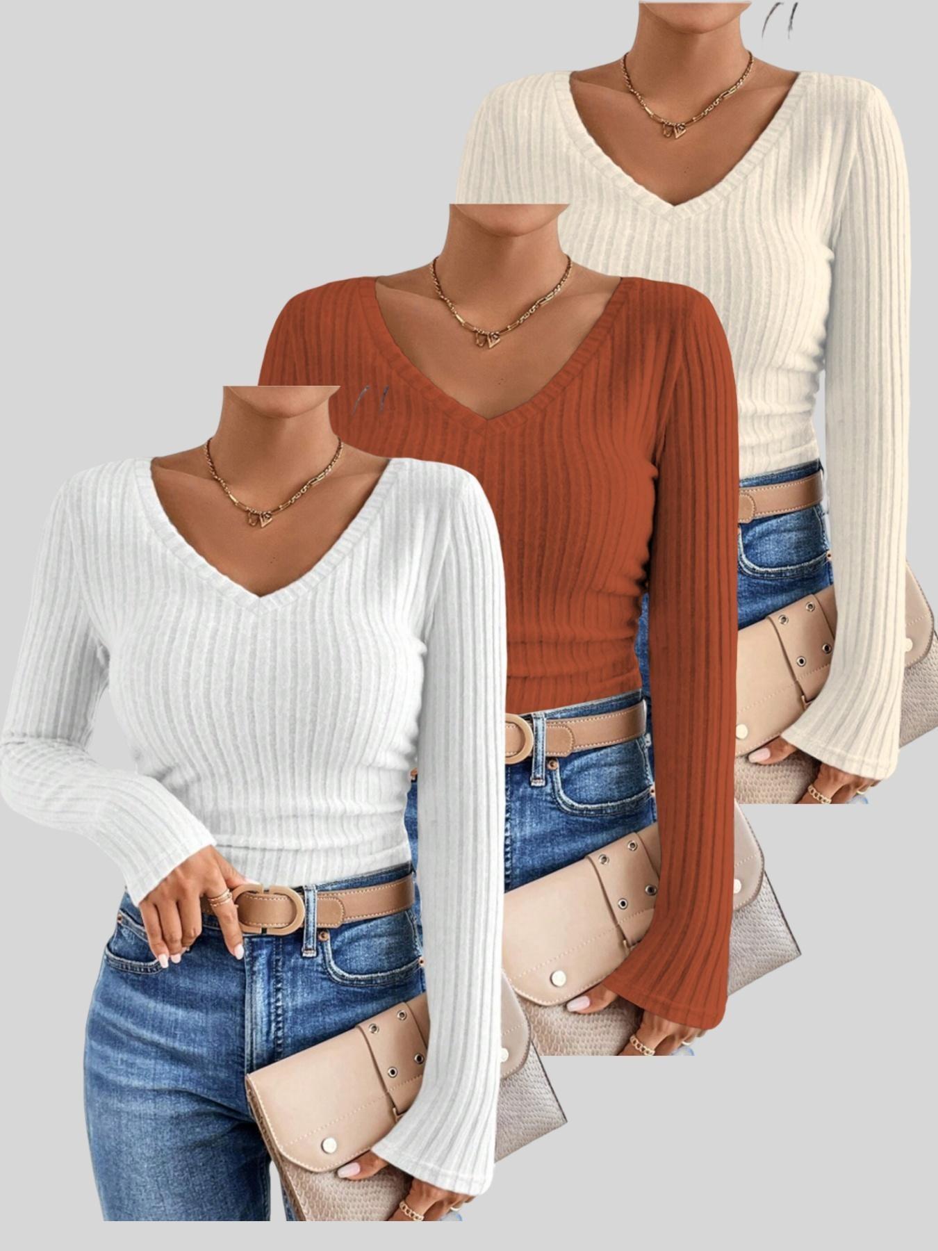 New Women's Fall Winter Solid V-Neck Long Sleeve T-Shirt Set of Three, Stylish, Casual and Comfortable for Daily Wear