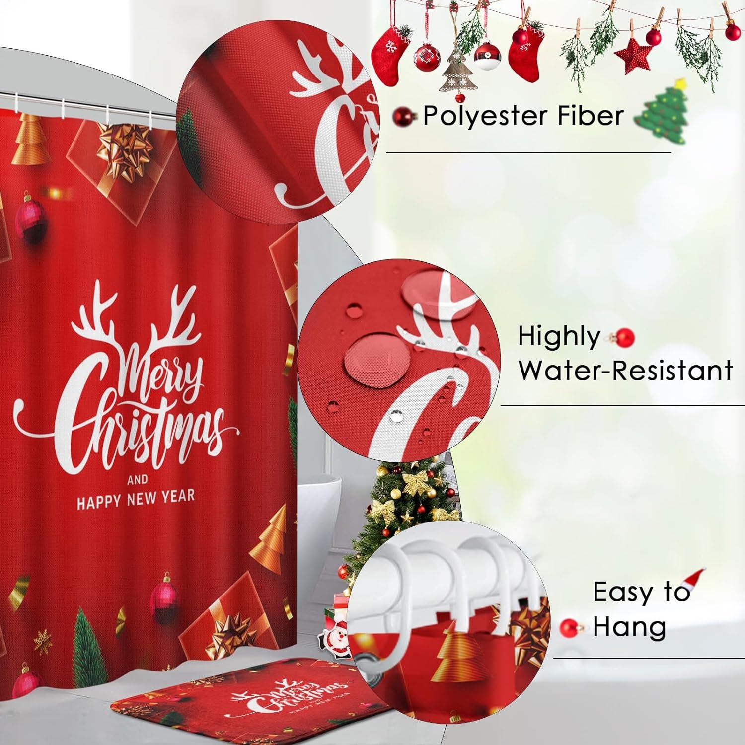 4 Pcs Shower Curtain Set Merry Christmas Happy New Year with Non-Slip Rugs Toilet Lid Cover and Bath Mat Bathroom Decor Set