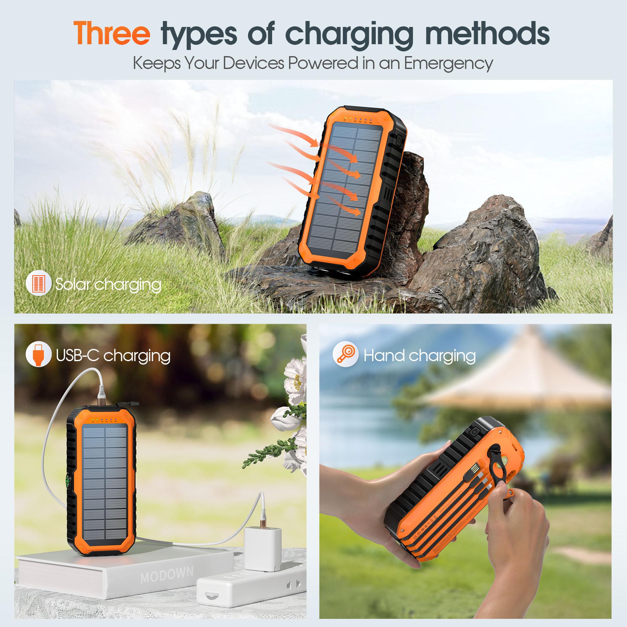 RETMSR 40000mAh Solar-Powered Power Bank: Wireless charging, built-in flashlight, compass, hand crank, 22.5W fast charging, 4 data cables and 6 output ports. Suitable for outdoor hiking, fishing, etc., a portable solar charger.