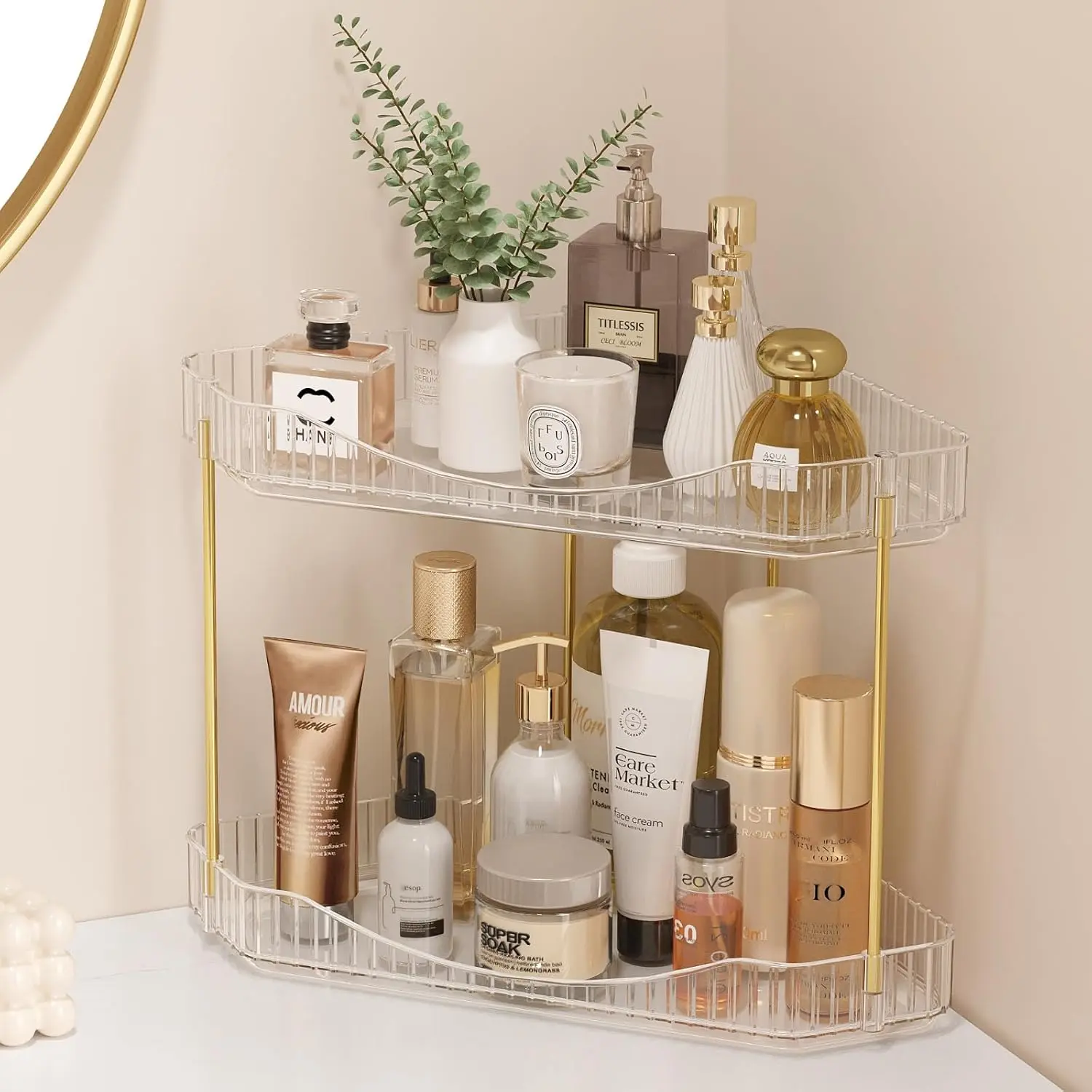 2 Tier Corner Bathroom Counter Organizers and Storage, Clear | Plastic Makeup Skincare Organizers Countertop, Large Sink  Perfume Shelf for Bedroom, Dresser, Kitchen,