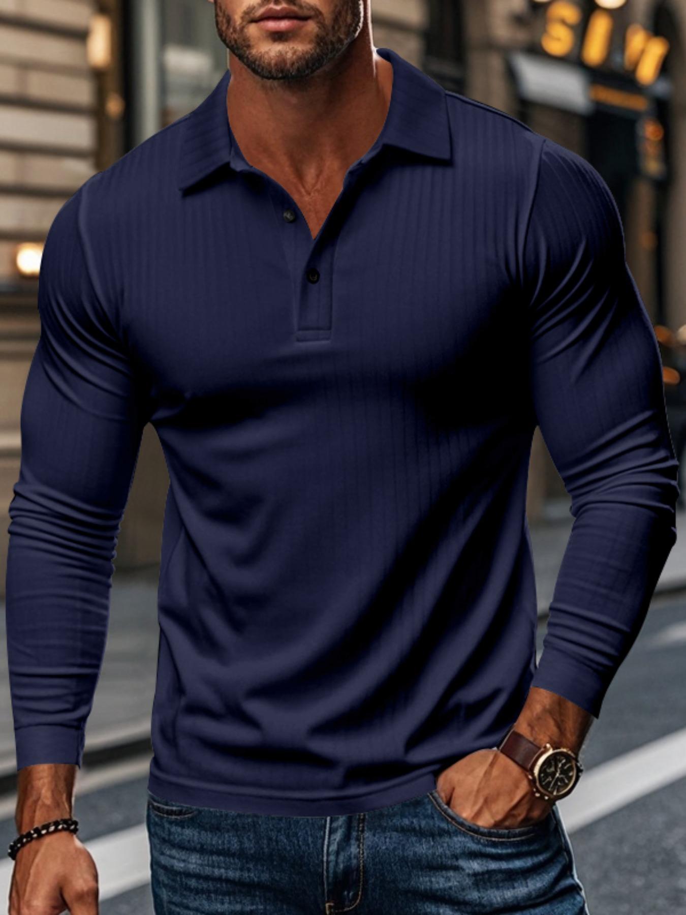 Men's Ribbed Texture Long Sleeve Polo Shirt, Comfortable Fit for Daily Wear, Stylish Design Suitable for Work & Leisure
