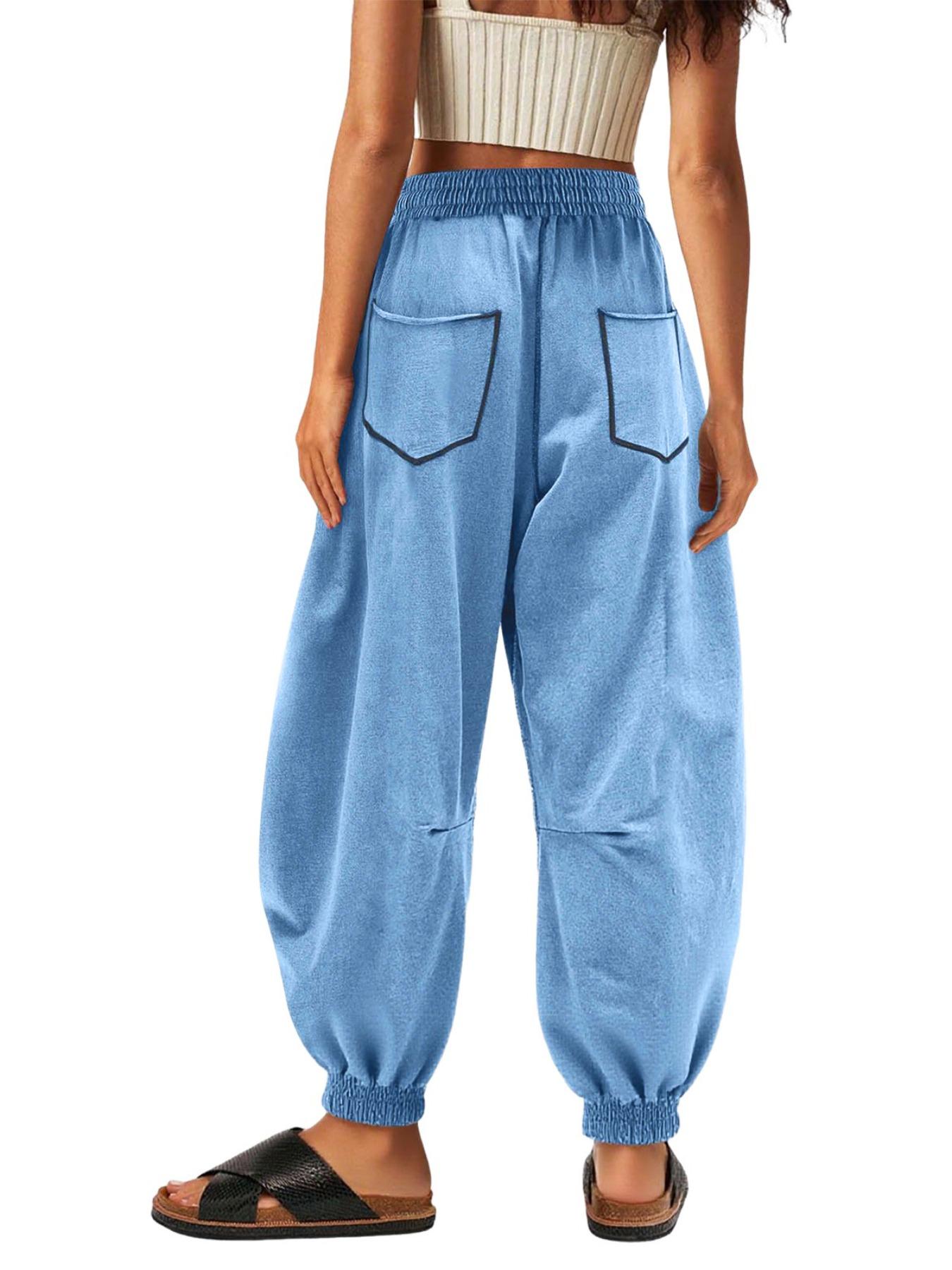 Women's New Loose Wide Leg Pants, Casual Drawstring Elastic Waist, Large Pockets, European Style Ladies Fashion Bottoms