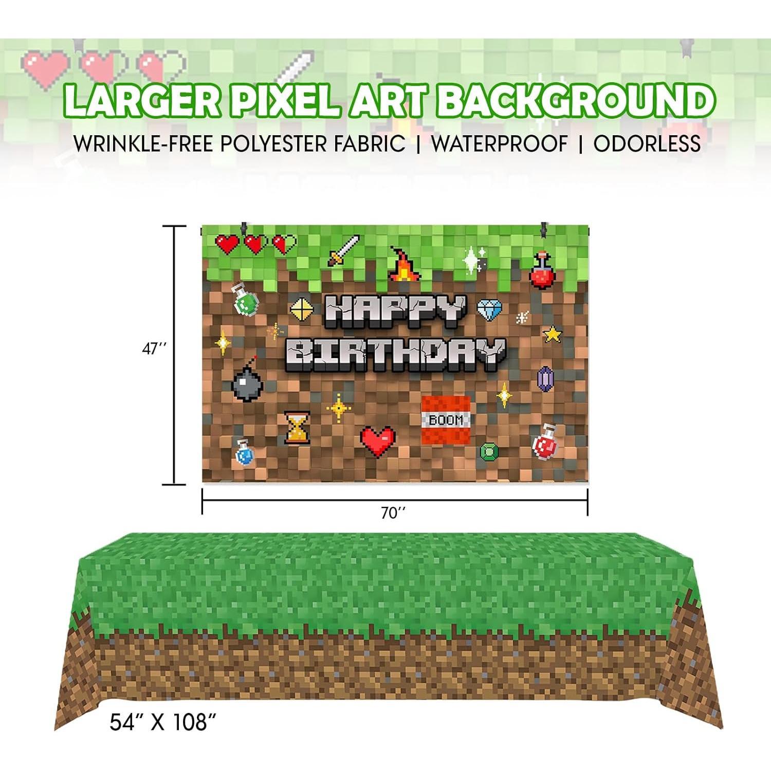 73 count Pixel  Birthday Party Decorations for Boys, Pixel party supplies Kit, Gaming-Themed Birthday supplies Set including Banner, Tablecloth, Sword Foil Balloons, Cupcake Toppers.