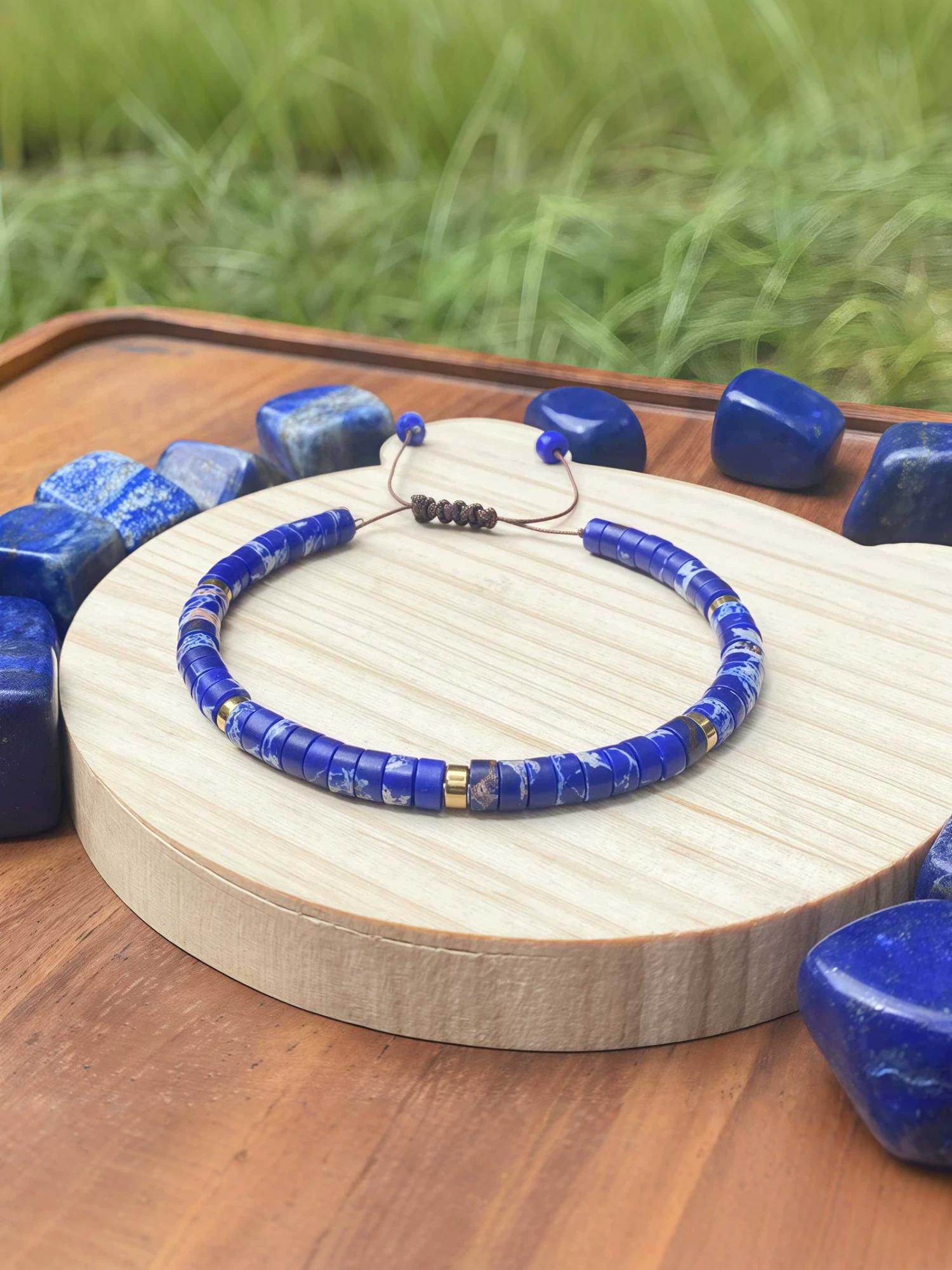 Lapis Lazuli Straight Cut Bracelet, New Traditional Zen Style, Natural Stone for Wealth and Career, Daily Wear for Professionals