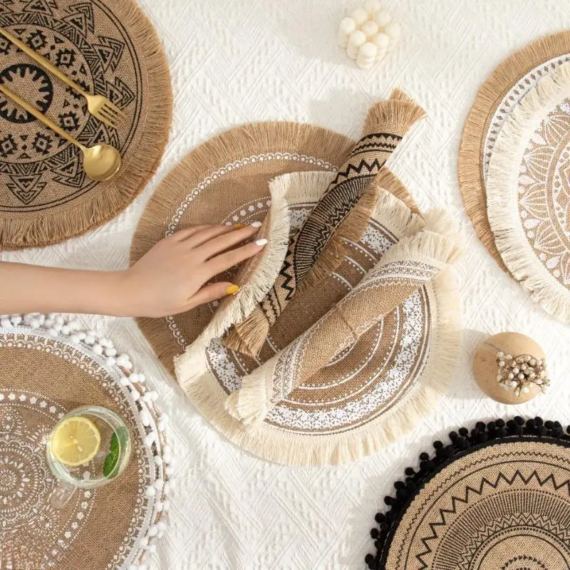 Nordic Minimalist Hand-Woven Round Placemat, Vintage Cotton Linen Jute Heat Resistant Coaster Mat For Plates & Bowls, Rustic Textured Dining Table Decor Accessory For Home Kitchen Restaurant, Natural Fiber Anti-Scratch Tabletop Ornament, Sentimental House