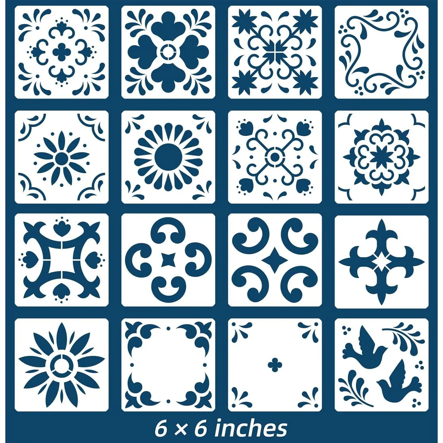 16 Pack Tile Stencil Set (6X6 Inch), Mexican Stencil Pattern, Use As Floor Stencils Or Wall Stencils, Reusable Stencils for Painting Floor Furniture Canvas, DIY Mexican Talavera Home Décor