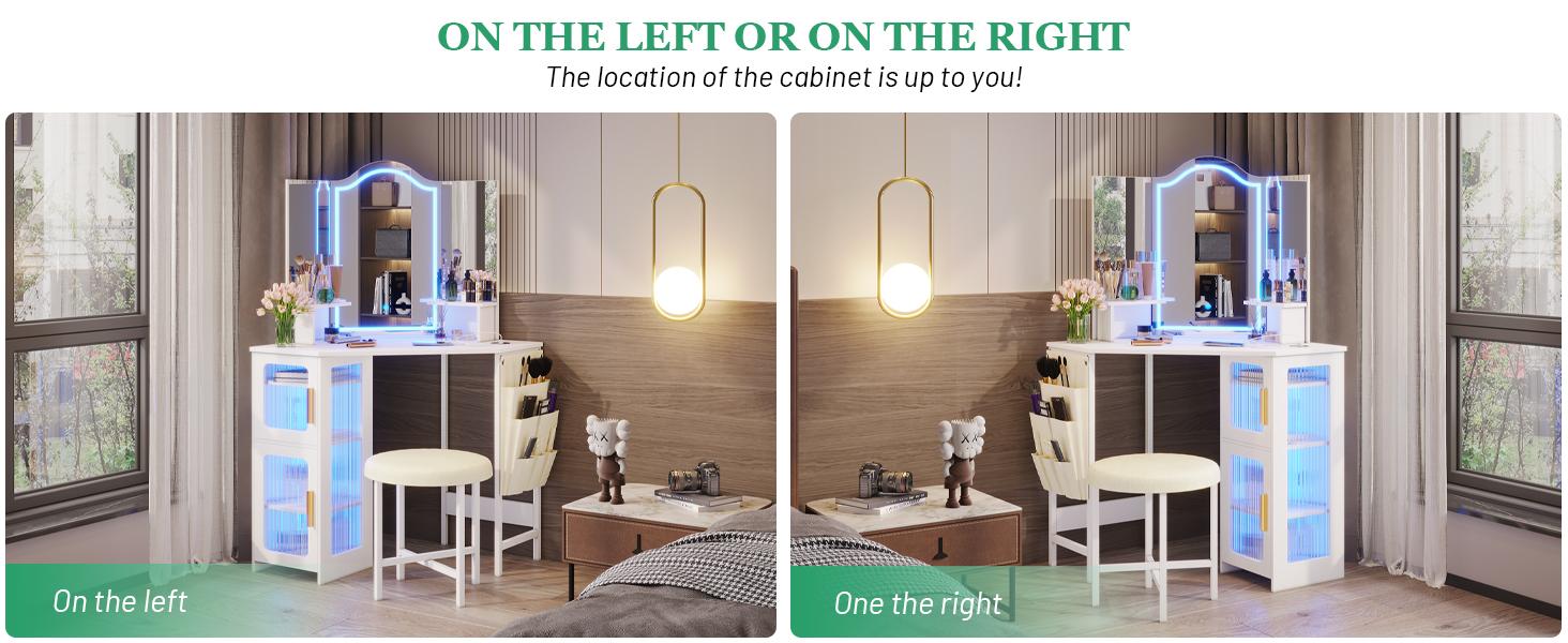 LVSOMT Vanity Desk with Mirror and Lights, Makeup Vanity with Charging Station, Dressing Table with 3 Lighting Options, Vanity Set with Drawers, Women’s Corner Vanity table, Grey