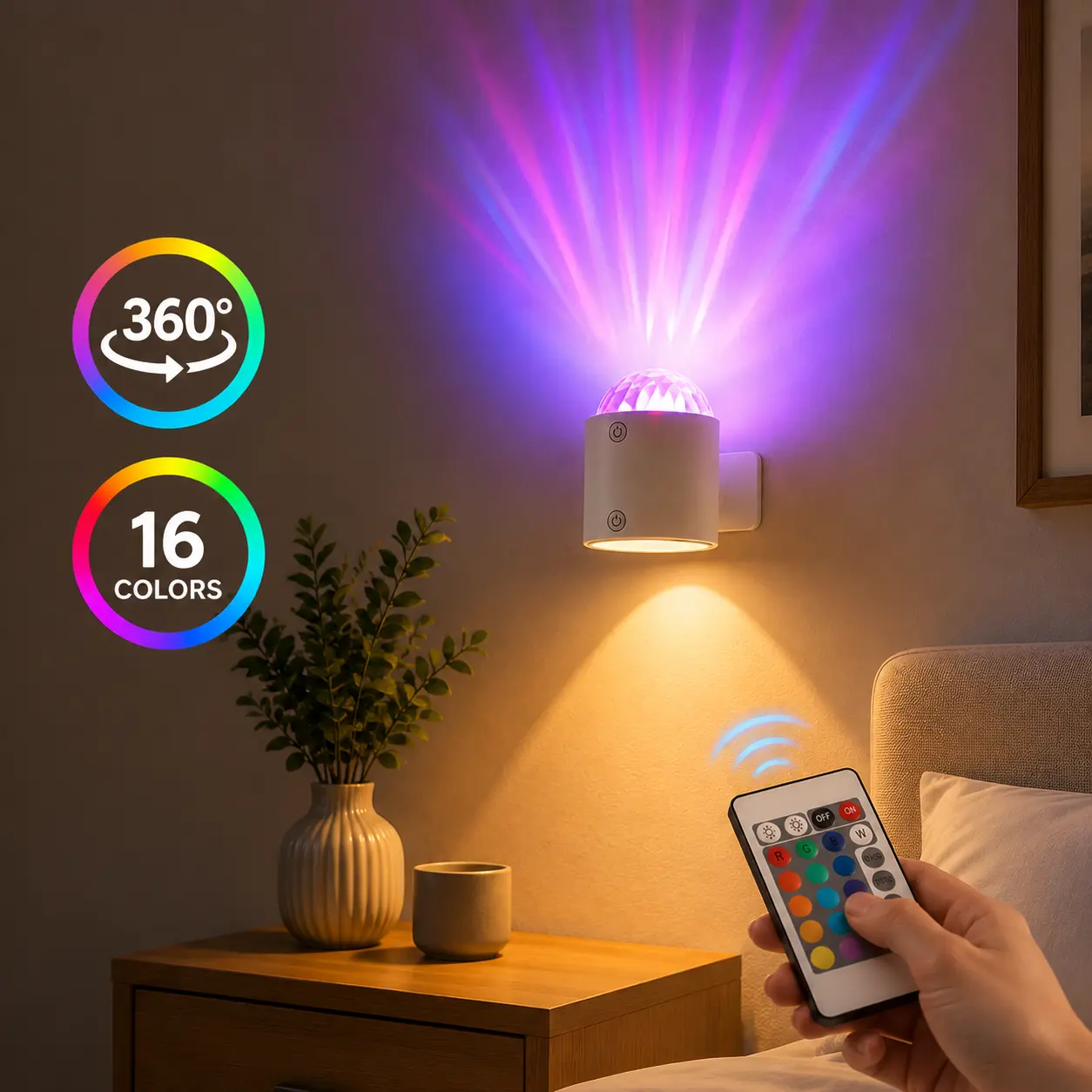 Rechargeable RGB Wall Light, 360° Rotatable Wireless LED Sconce with Touch & Remote Control, USB-C Charging Color Changing Ambient Mood Lamp for Bedroom, Gaming Room, Bathroom, Living Room & Hallway