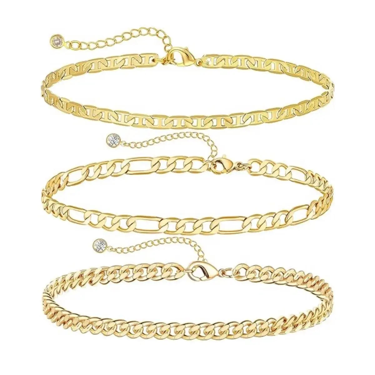 3 Pieces Golden Ankle Bracelets for Women,Waterproof Cuban Link Anklet Set for Ladies,Golden Layered Anklet Bracelet,Summer Beach Jewelry Gift,Hand Tools Kits