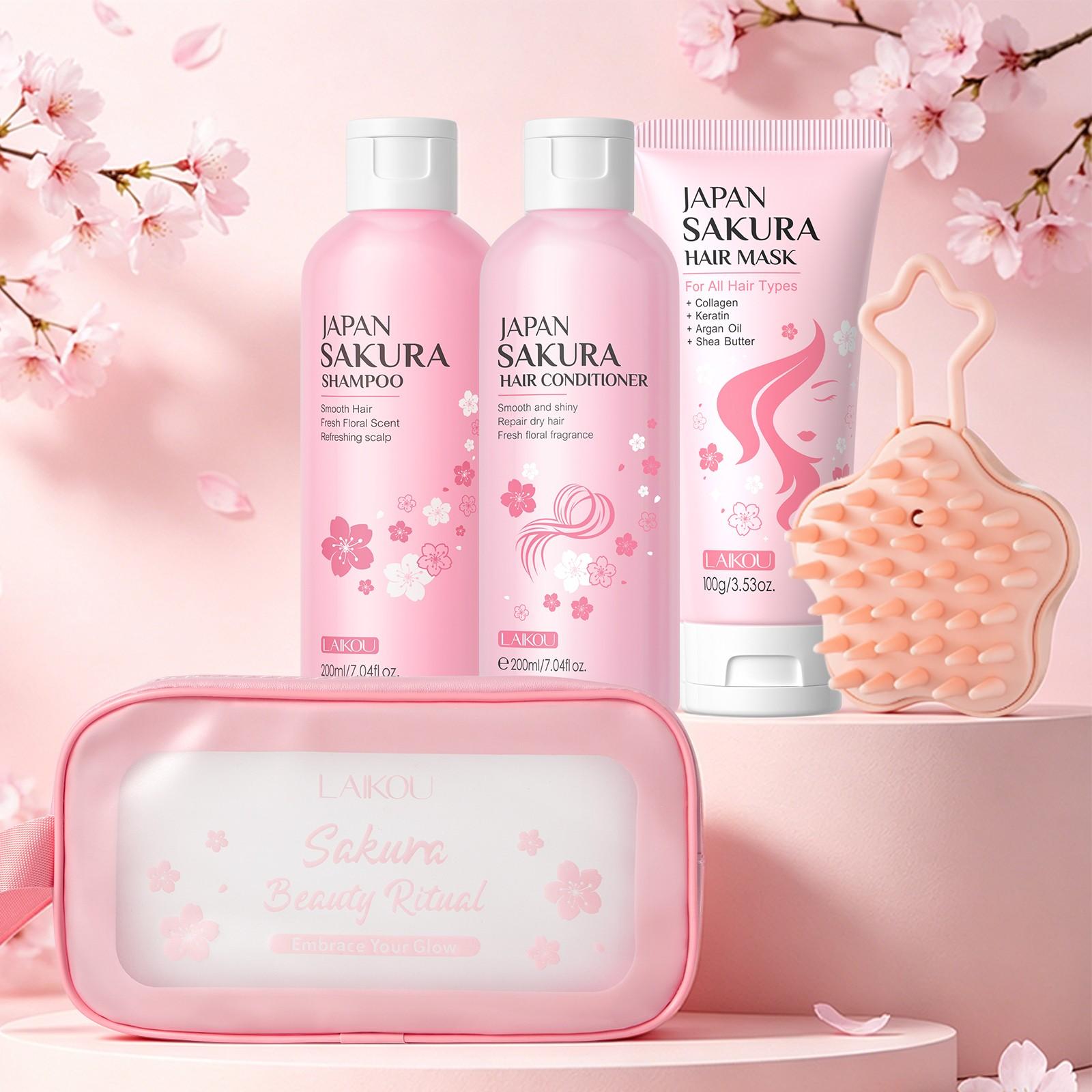 LAIKOU Japan Sakura Hydrating Nourishing Shampoo and Conditioner Set with Hair Mask, Sweet Floral Fragrance Hair Glow Kit, Lightweight Hydration Haircare for All Hair Types, Nourishing Scalp Set, Ideal Gift for Women 3-in-1 Bundle, Hair Care Solution