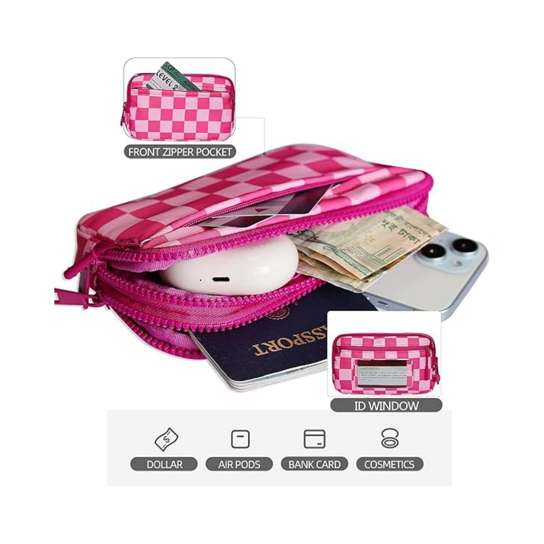 Checkered Wristlet Wallets for Women Nylon Quilted with 4 Zippers Travel Credit Card Holder Cell Phone Organizer Coin Purse Crossbody Key Bag with ID Window RFID Blocking Compact Pouch