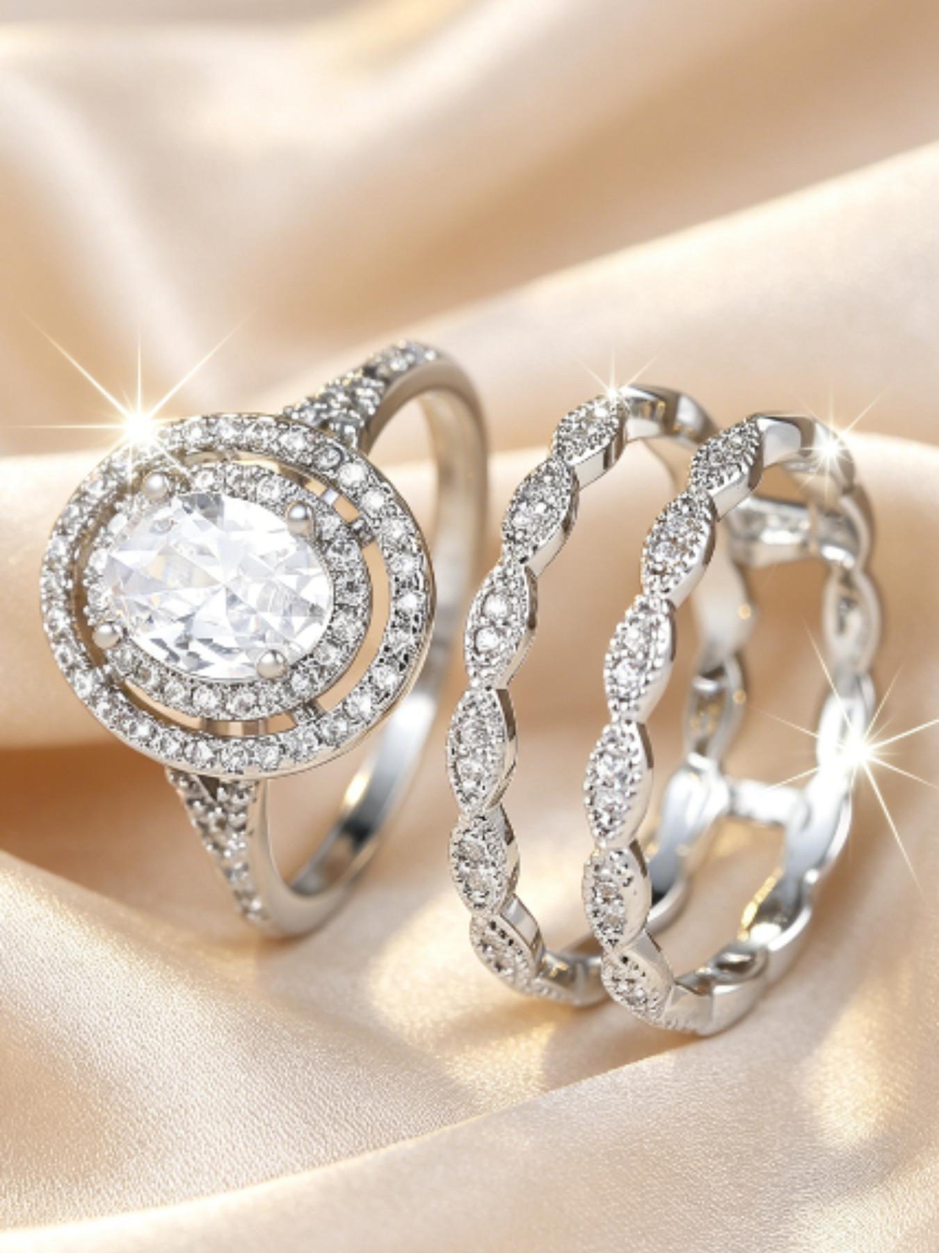 Super Large Shimmering Synthetic Oval Zircon Three-Piece Elegant Ring Set, Birthstone Engagement Ring, Luxurious Fashion Classic, Perfect for Weddings, Parties, Dates, Holidays