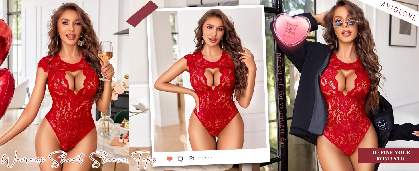 Avidlove Lace Bodysuits for Women Lingerie Bodysuit Tops One Piece Short Sleeve S-XXL