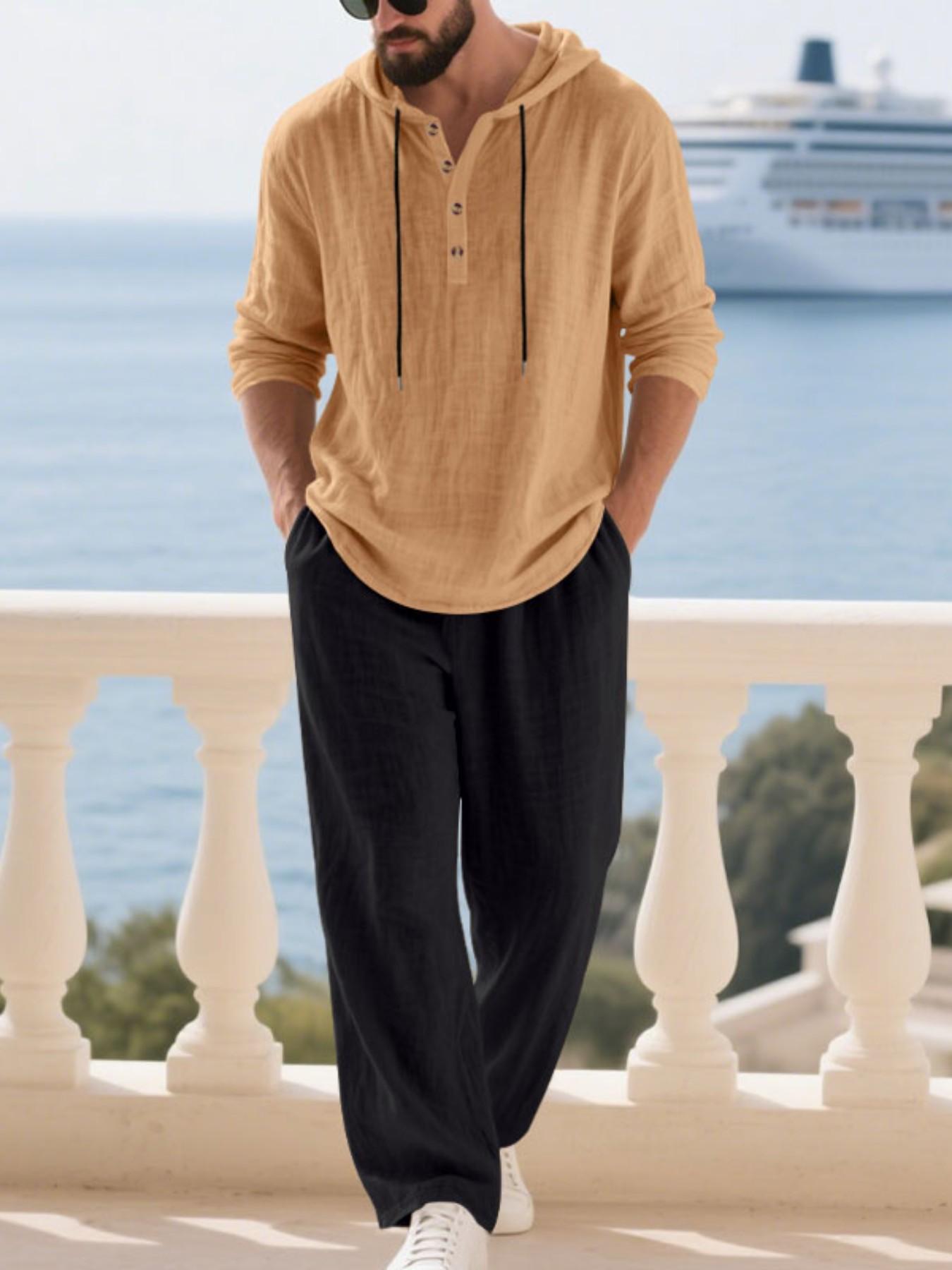 Men's Linen Set Spring Summer 2026, Beach Vacation Casual Style, Lightweight Breathable Hooded Shirt and Straight Leg Pants Two-Piece