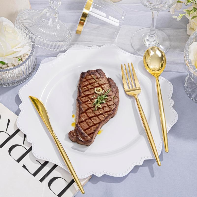 Silver/Gold/Clear/White/Blue Disposable Plates and Silverware Set: Dinner Plates,Dessert Plates, Cups,Napkins,Knife, forks, spoons-Perfect for Party