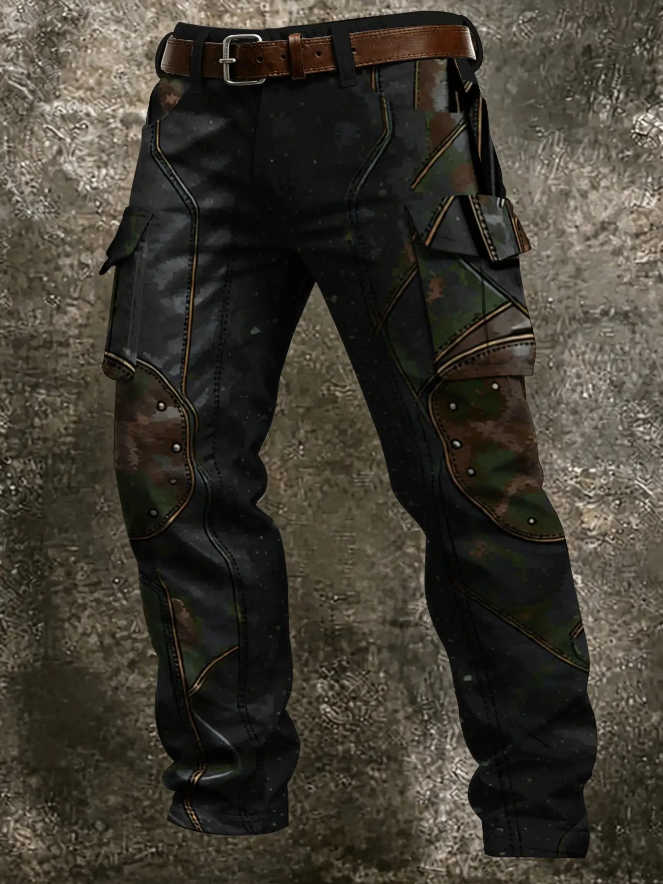 Men's vintage distressed patchwork cargo pants! Black base with camo patches and faux leather stud details, hardcore techwear vibe, full-on vintage rugged feel.