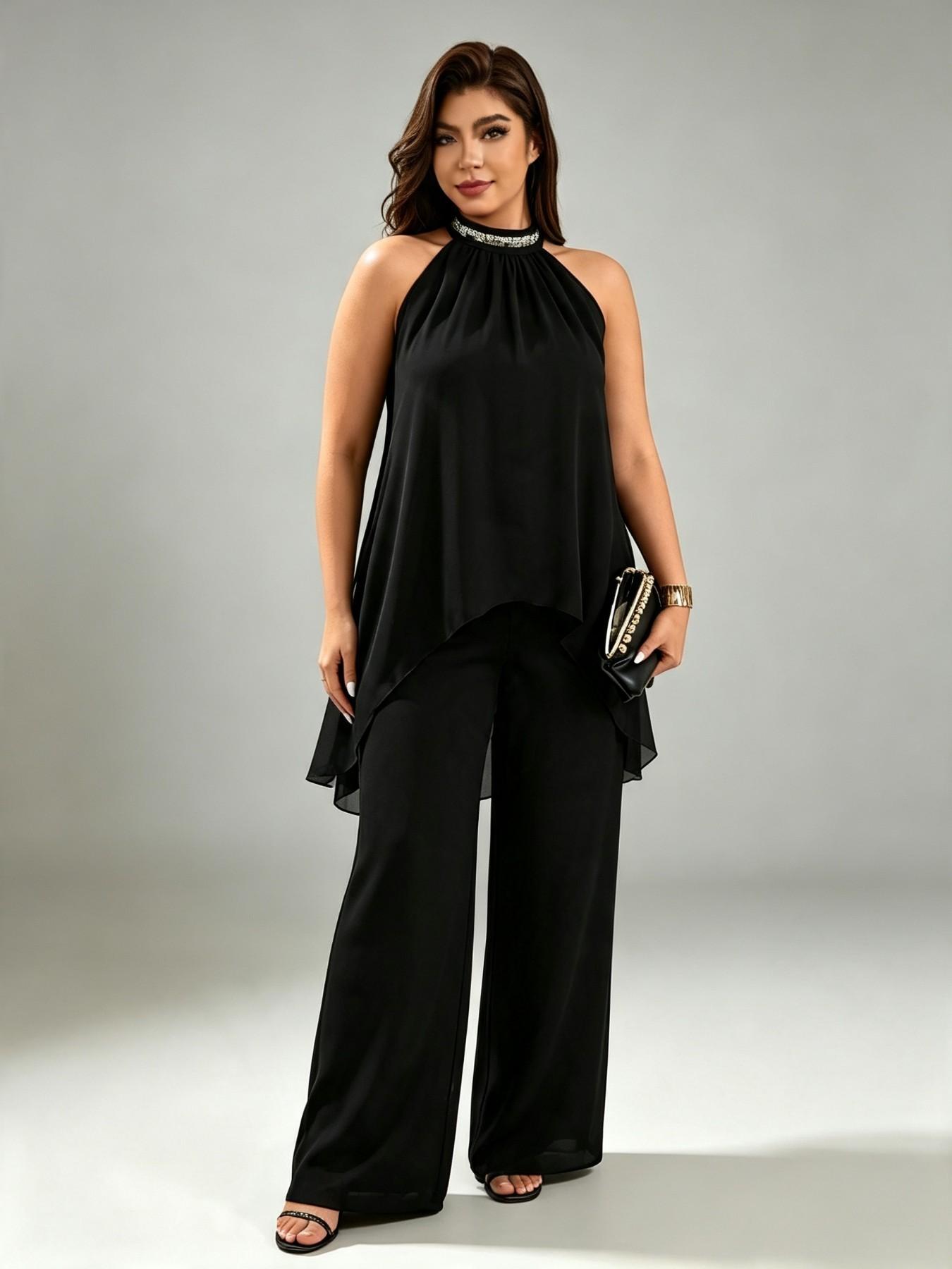 Luxury Party Style Aesthetic Plus Size Two-Piece Set, Ruched Halter Neck Sequin Top, Sleeveless Chiffon Blouse, Loose Fit Slimming Wide Leg Pants Set