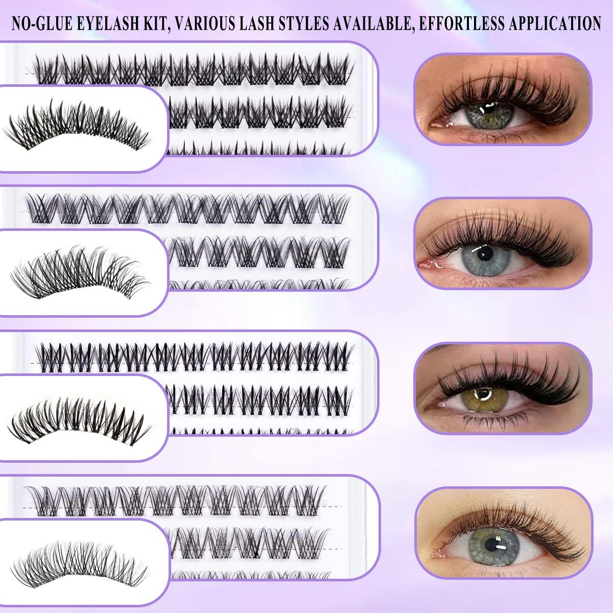 8 Styles Self-Adhesive Lash Cluster Kit, Press On Lashes with Lash Cleansing Shampoo, Tweezers and Headband, Natural Look No Glue Cluster Lashes, Ultra-Thin Lightweight for Beginners