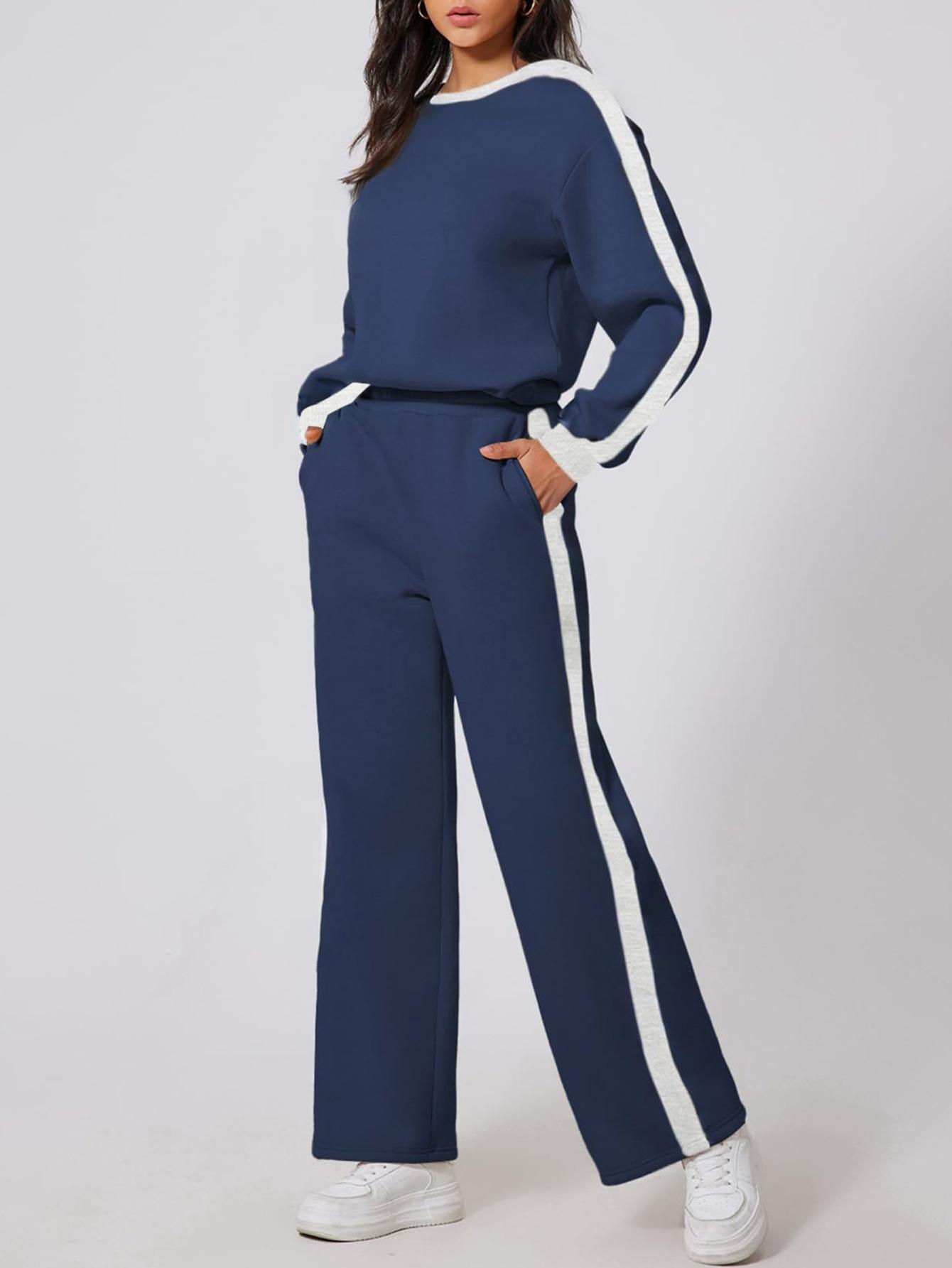 Women's Color Contrast Patchwork Causal Jogging Suit Set,Crew Neck Long Sleeve Top & Straight Trousers Set,Fashion Sweatshirt suit