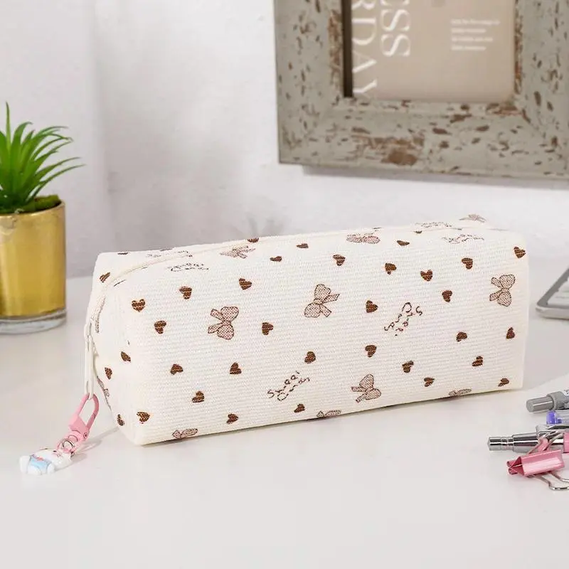Simple Ins Niche Beige Brown Cute Cartoon Cute Large Capacity Pencil Case for Student Girly Heart Bow Print Stationery Pouch