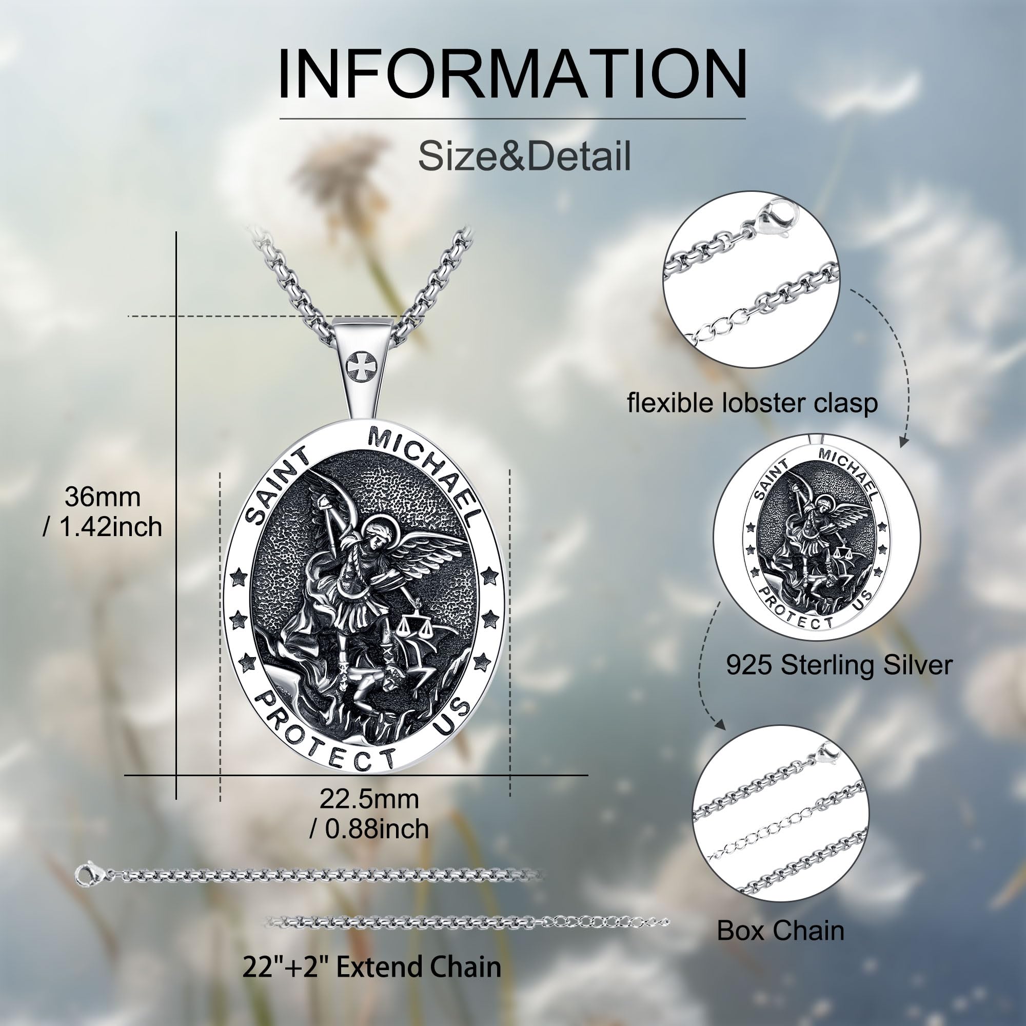 DRINSPER Saint Michael Necklace 925 Sterling Silver Pendant Catholic Jewelry St Michael the Archangel Protection Amulet Necklace for Men