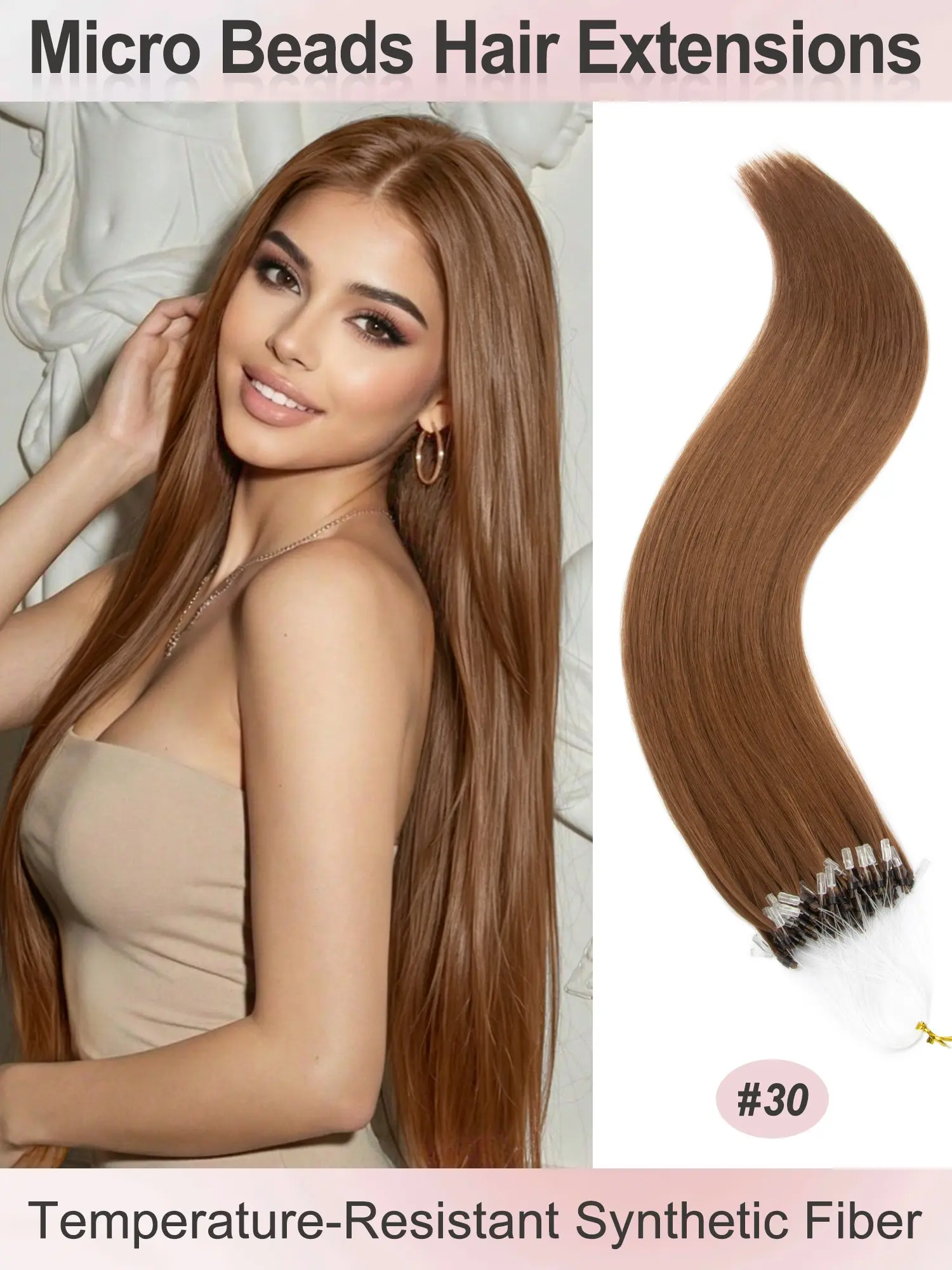 50 Strands Micro Beads Hair Extensions, 20inch Natural Straight Hair, 12 Colors, Add Volume & Length, Synthetic Fiber Hair for Women, Microbead Hair Extensions
