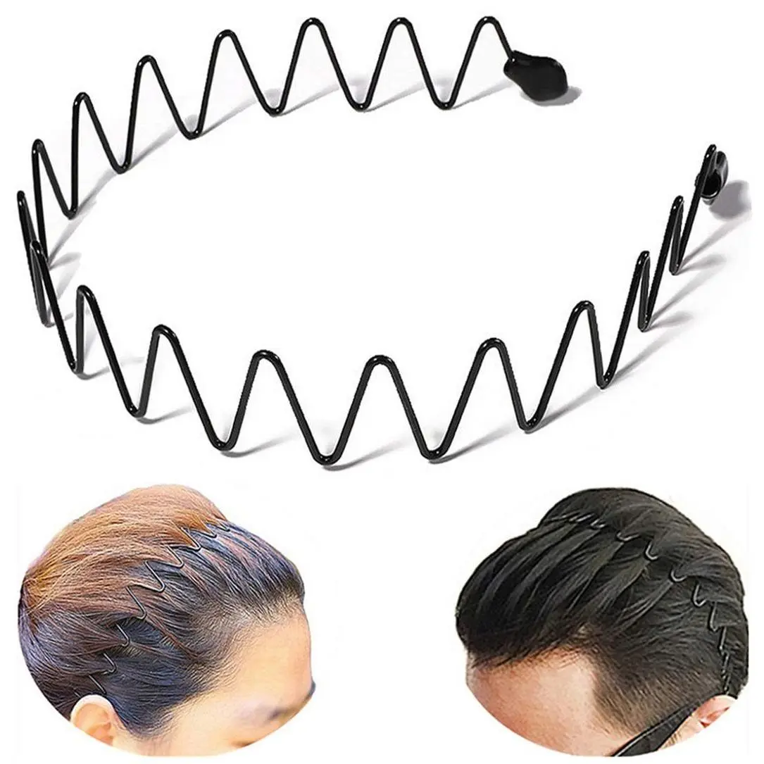 Metal Hair Band Men Headband Women's Fashion Hair Bands Elastic Stylish Sports Hairband Head Hoop with Non Slip Wavy Teeth, Black(Gift)