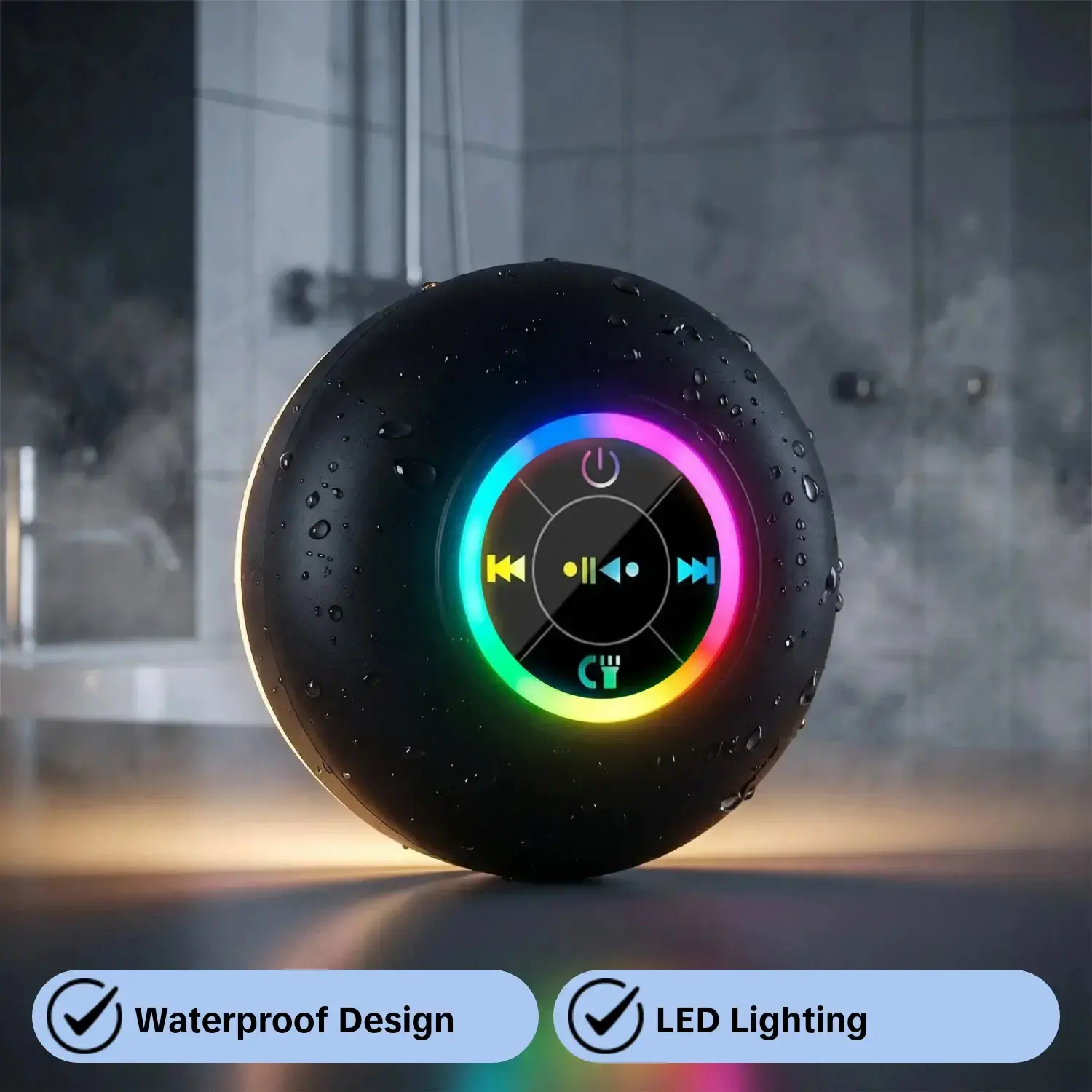 Waterproof Wireless Bluetooth Audio Speaker with Strong Suction Cup - Hands-Free Call, LED Running Lights, Matte Skin-Feel, Mini Portable for Kitchen, Bathroom & Camping Portable Speakers