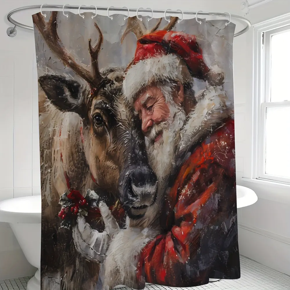 Vintage Santa & Reindeer Shower Curtain with Hooks, Retro Christmas Holiday Bathroom Decor Accent