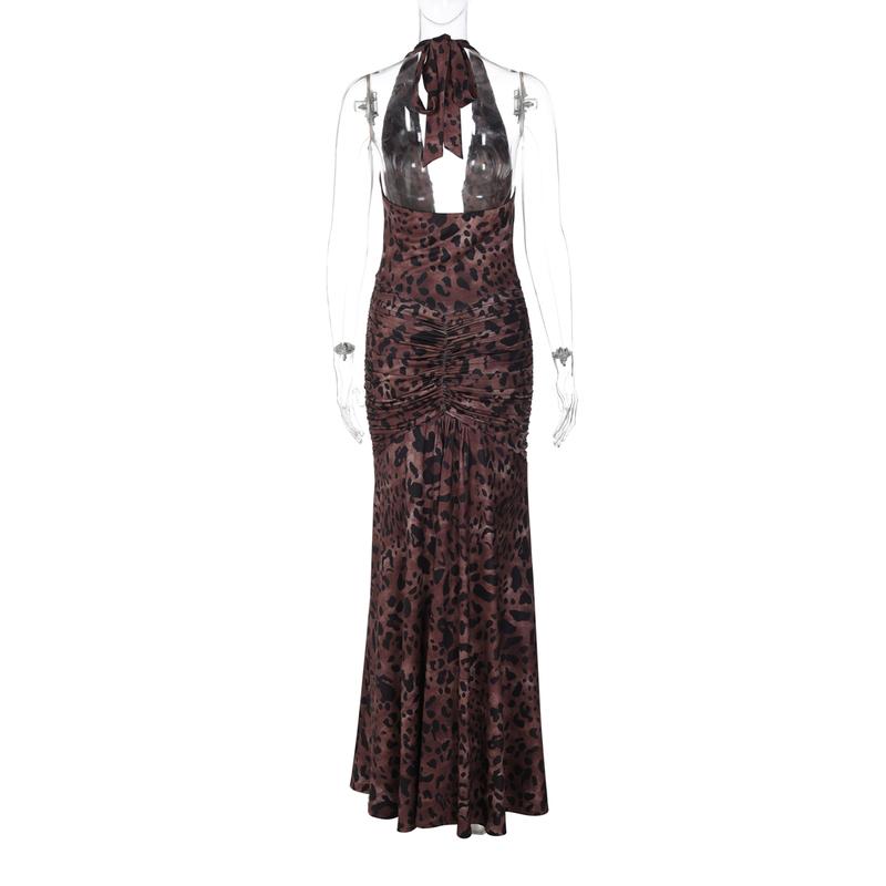 Women Summer Sexy Halter V Neck Backless Leopard Print Bodycon Party Club Evening Long Dress