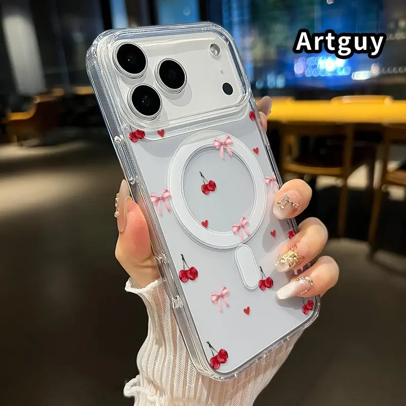 Cherry Bow Love Acrylic Magnetic Smartphone Case for iPhone 18Pro Max,15 Plus,17,16 Air E,14,13,12,11,X,XS,XR - Wireless Cellphone Case with Shockproof,Soft,Premium,Stylish,Durable Protection for Devices