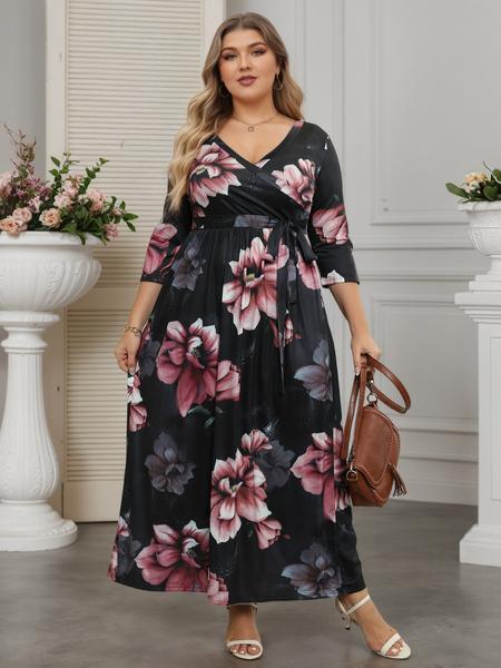 Women's V Neck Stretchy Casual Long Plus Size Dress, Perfect for Bridesmaids, Vintage Style Wedding & Party Wear, Comfortable All-Day Fabric