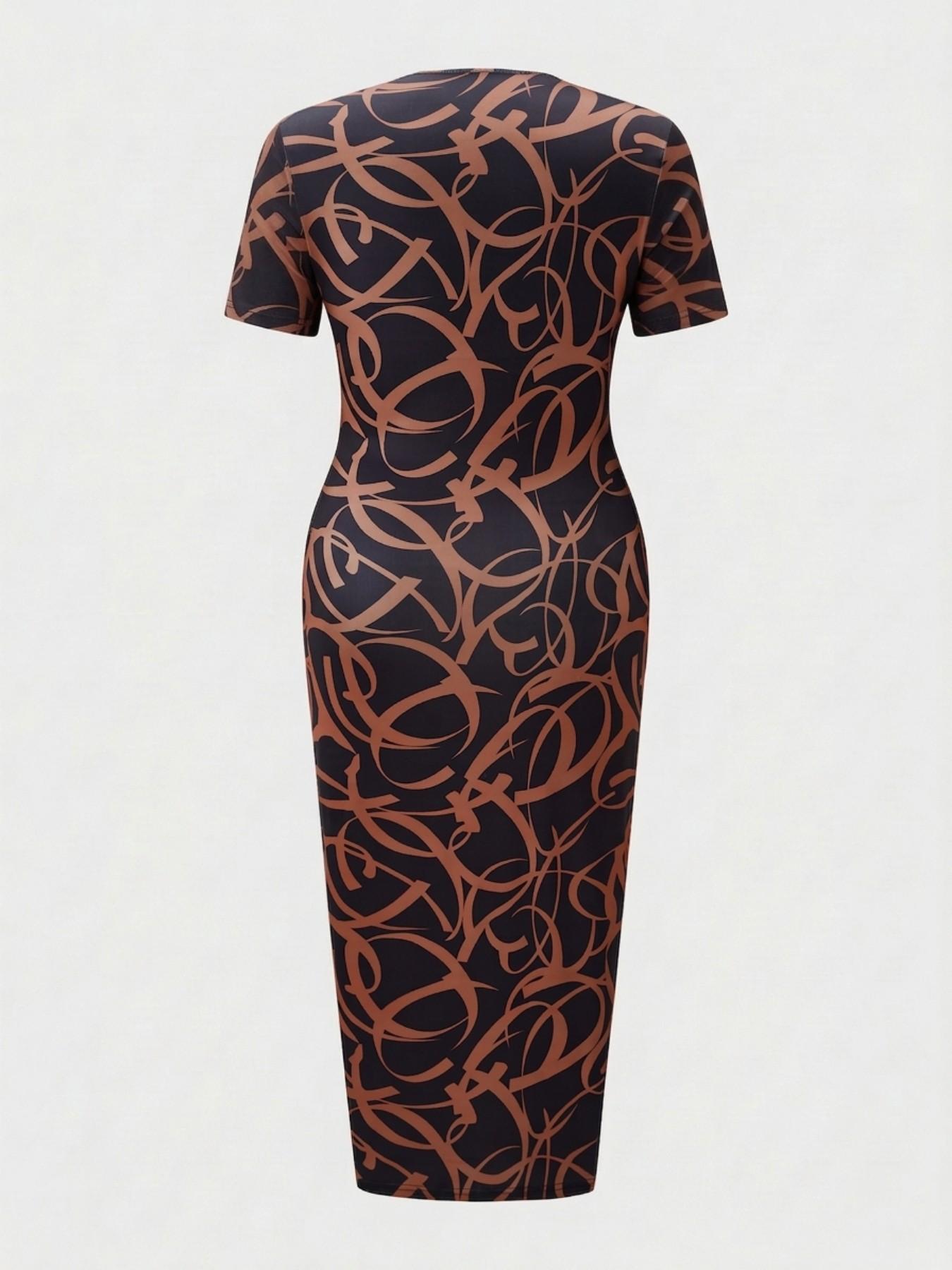 Plus Size Women Abstract Print Bodycon Midi Dress, Short Sleeve Sexy Slim Fit Dress, Trendy Fashion for Everyday Wear