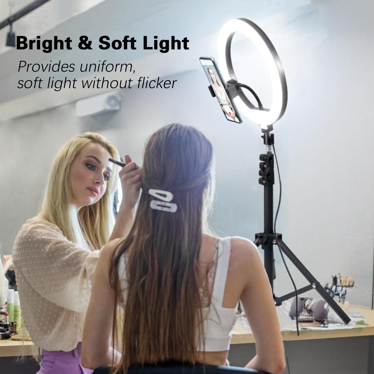 10"Ring Light with Stand,Video Light Tripod for Phone ,with 43.3"Tripod/2 Phone Clips/1 USB Ports,2600K-6500K Color Temperature,for Barber Makeup Tattoo TikTok Video Recording Vlog#springbreak
