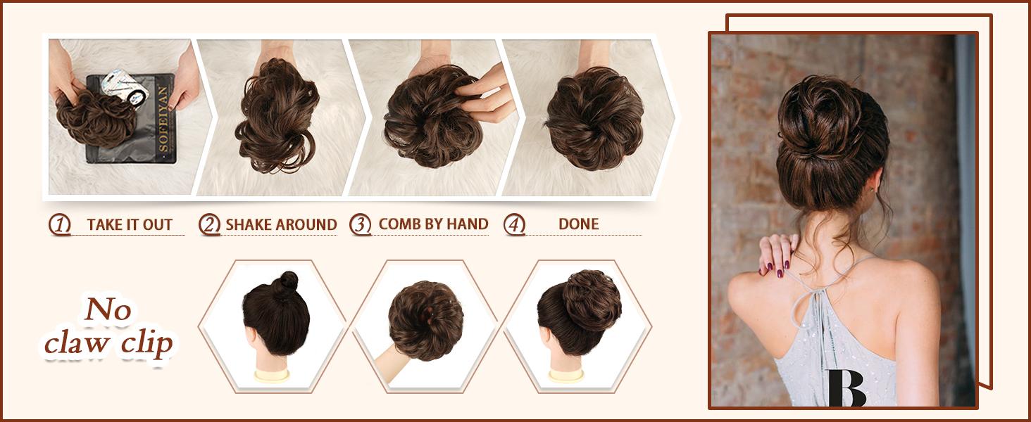 SOFEIYAN Claw Clip Messy Bun Hair Piece Wavy Curly Hair Bun Clip in Claw Chignon Ponytail Hairpieces Synthetic Tousled Updo Hair Extensions Scrunchie Hairpiece for Women