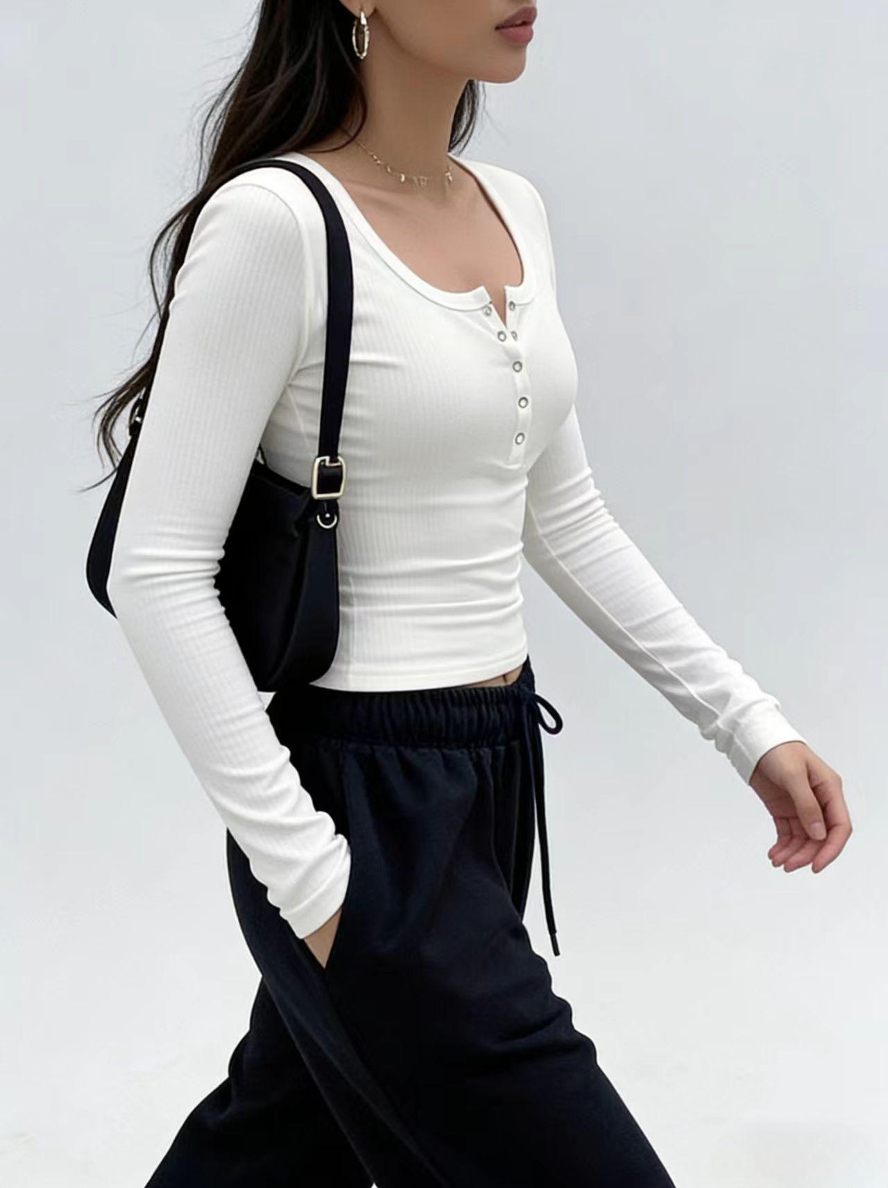 Women's Slim-Fit Long Sleeve V-Neck T-Shirt, Spring & Fall Fashion 2026, New Women's Top, Shoulder Fit, Basic Layering Tee