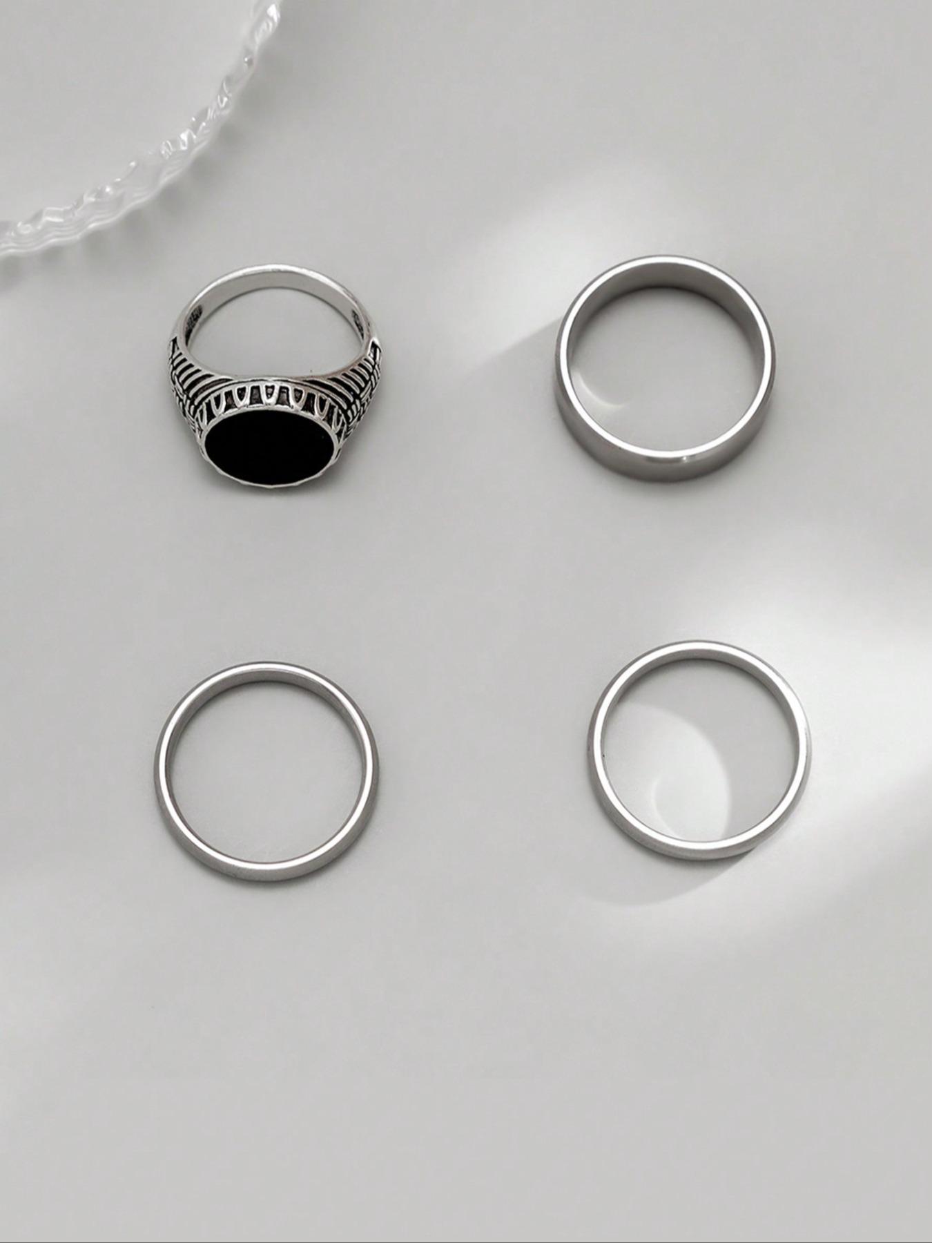 Men's Punk Hip-Hop Style Stainless Steel Chain Rings Set, Geometric Round Design, Fashion Streetwear Jewelry for Daily Wear, Stackable Rings