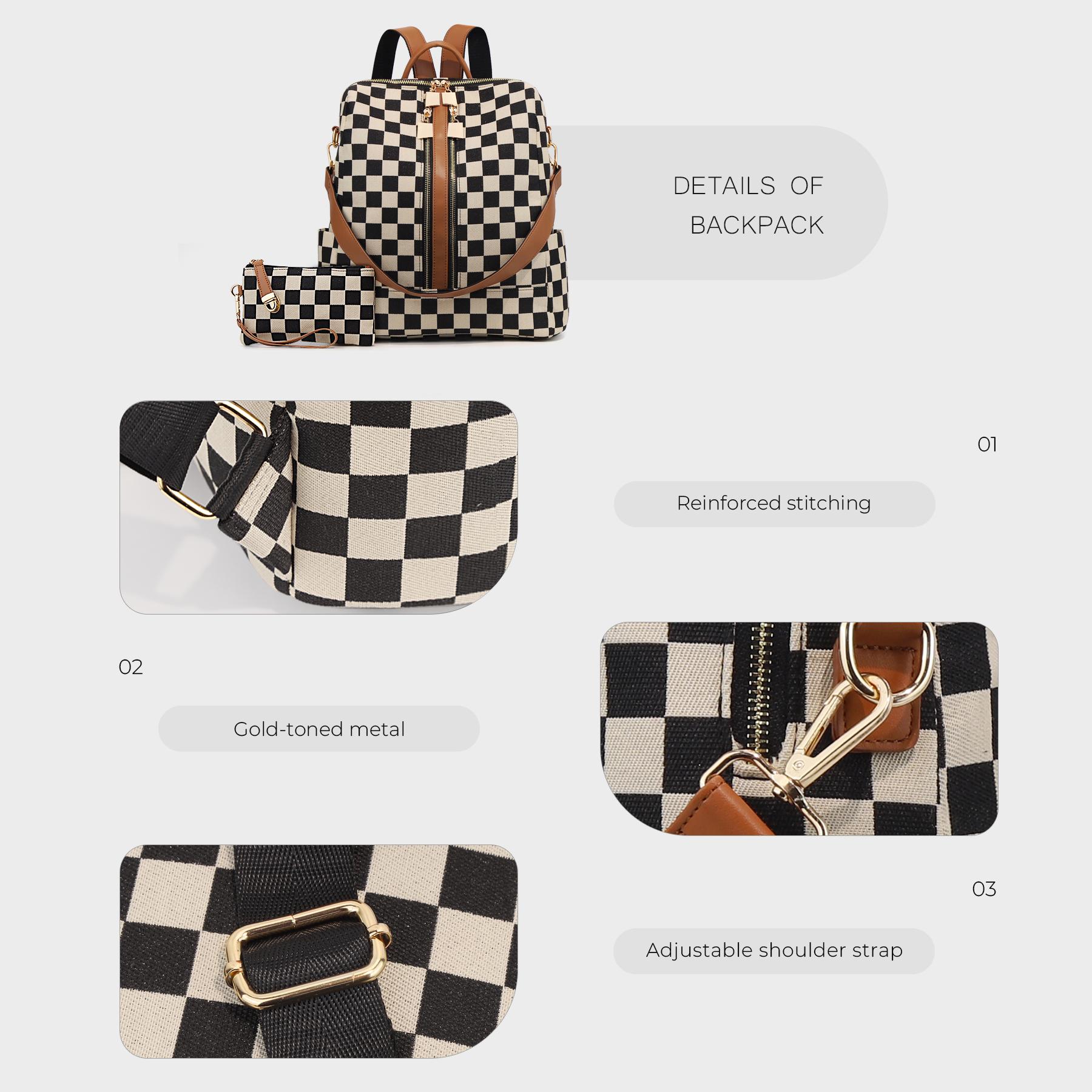 Checkerboard Pattern Backpack Set, Women'S Vintage Trendy Casual Large Capacity Zipper Travel Backpack & Wristlet, Multifunctional Bag Set For Daily Use