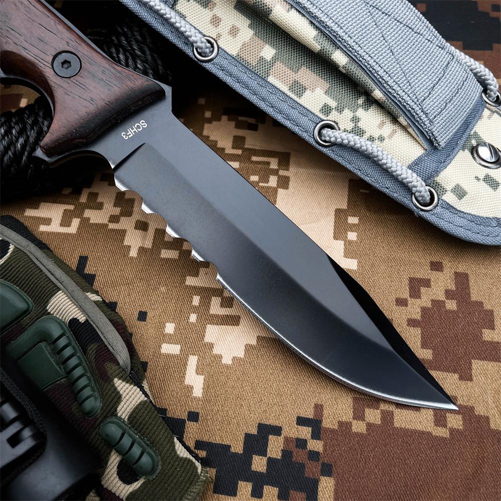 Outdoor multi-functional tactical survival straight knife, ergonomic chickenwood handle, high-hardness black-coated 7Cr13Mov blade, camouflage nylon sheath, suitable for jungle exploration, camping hiking, wilderness survival, Survival Gear